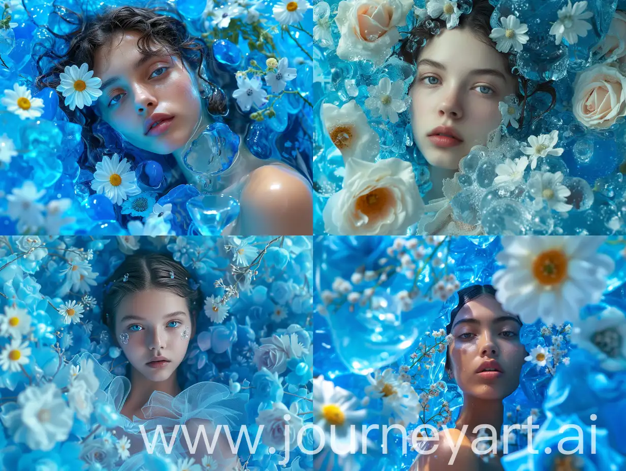 [20-year-old Cuban-Ukrainian] in "Blooming Splendor", surrounded by [blue] extravagant, bright [jelly] blooming roses and daisies, flowers and scents.