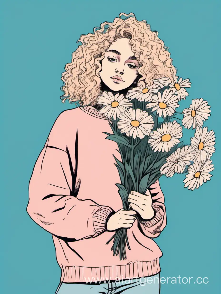 Minimalist-Drawing-of-a-Blonde-Girl-with-Curly-Hair-Holding-Daisies