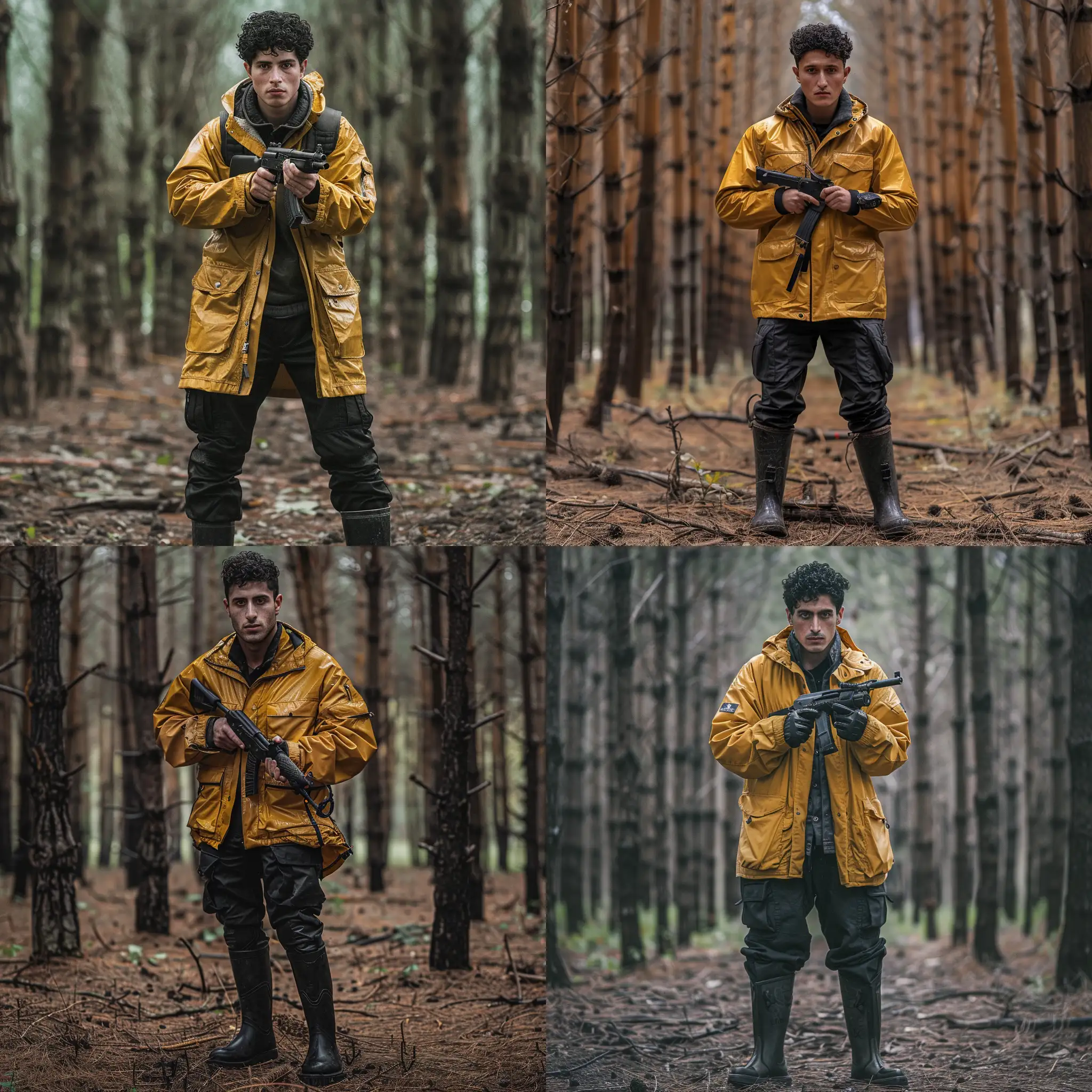 Cinematic-Man-in-Dark-Yellow-Rain-Jacket-with-Hunting-Gun-in-Iranian-Forest