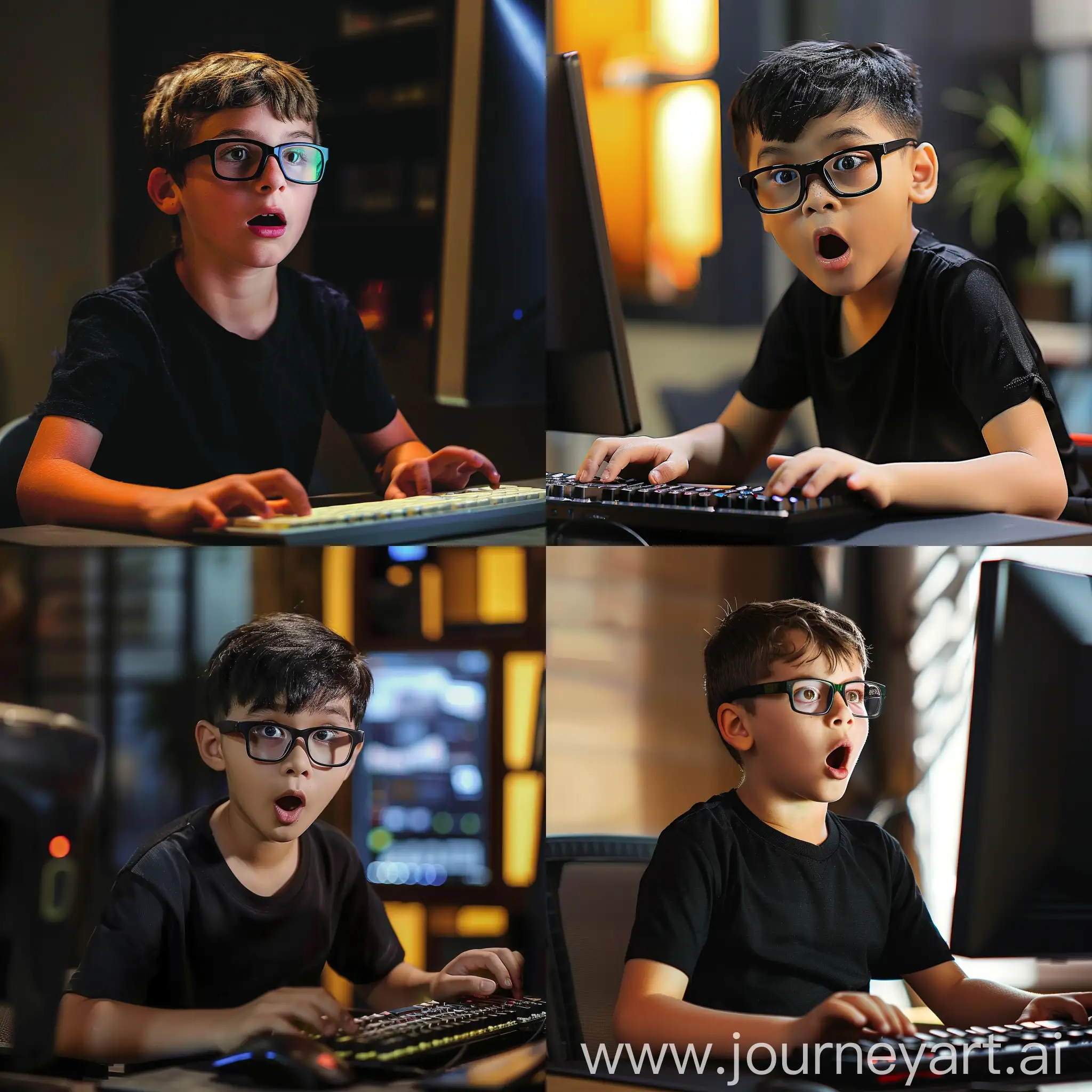 一个男孩，穿着黑色的短袖，带着黑色的眼镜，坐在电脑前，手放在键盘上，吃惊的表情