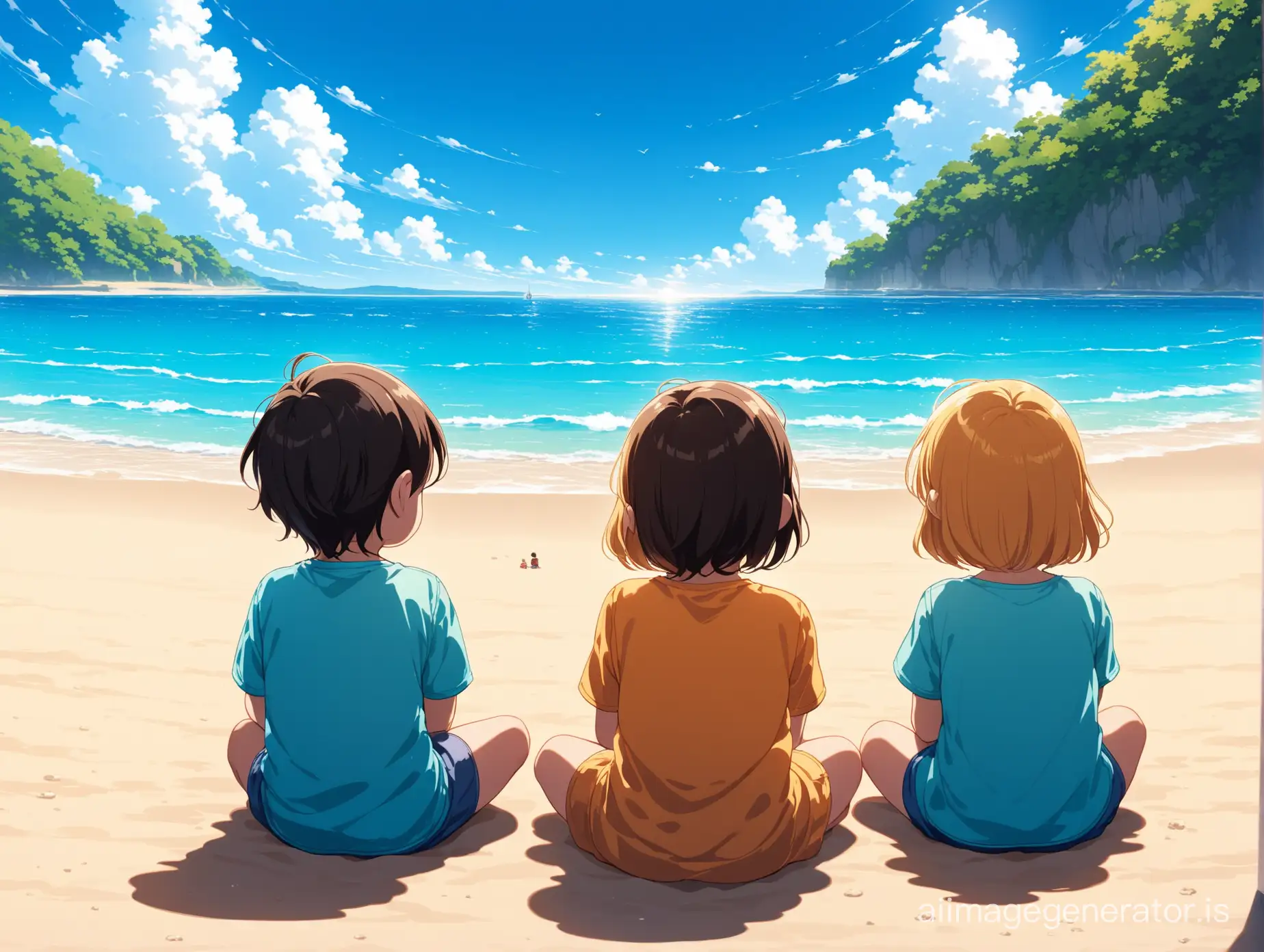 just 3 animated kids sitting on a beach looking at the blue sky and the scene is captured from behind of the kids