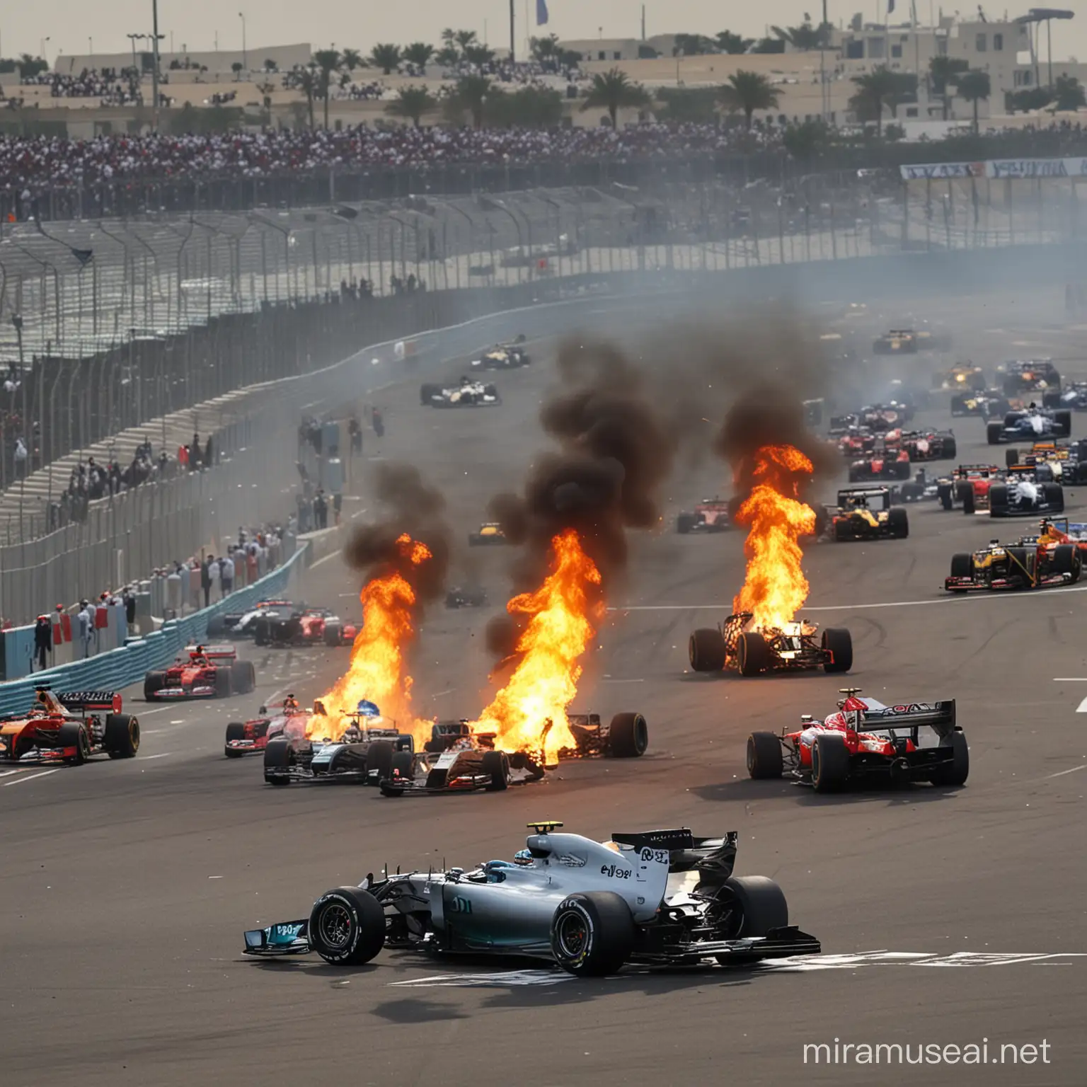 Formel 1 Autos brennen auf dem Yas Marina Circuit