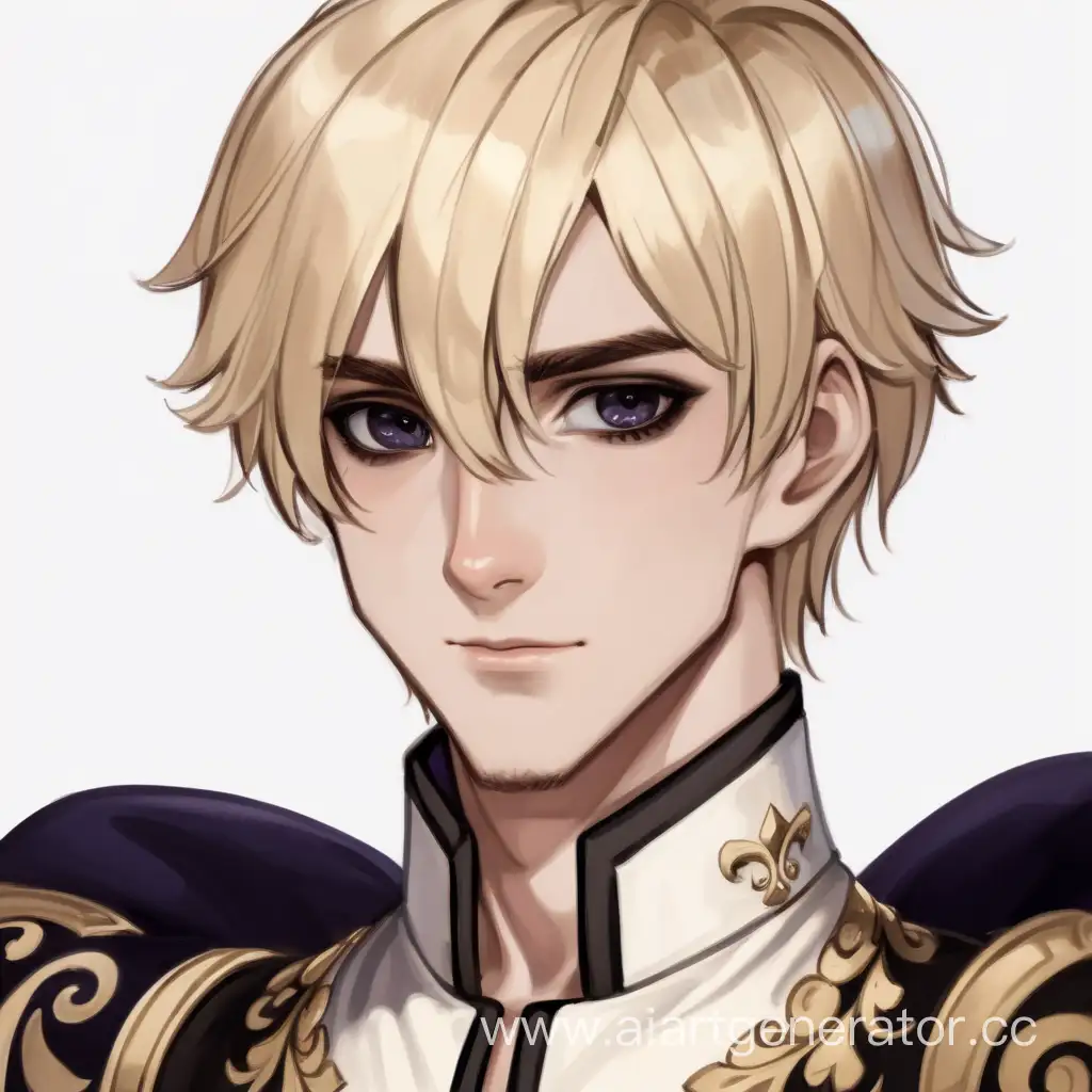 Парень, блондин короткие волосы с скрытым окрашиванием в черный, чёрные глаза, светлокожий, наряд принца