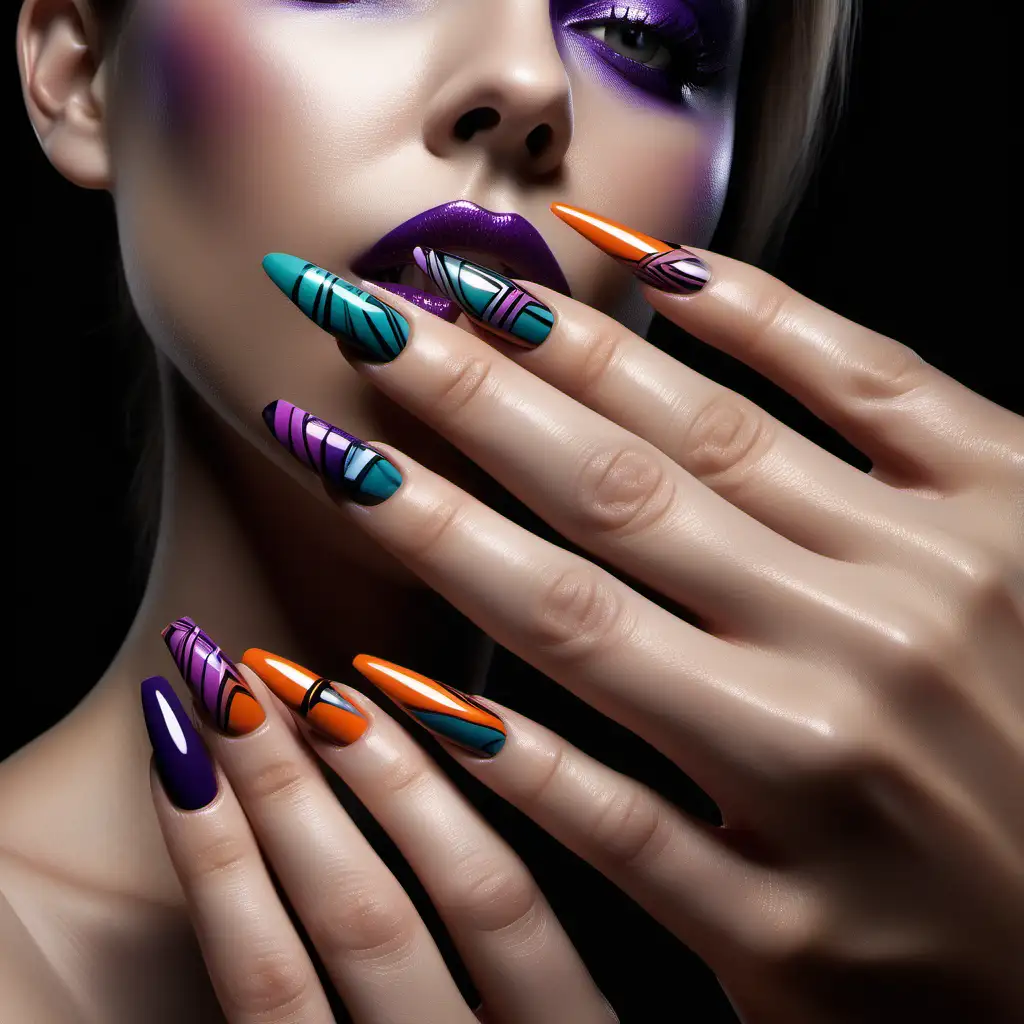 A central focal point of an artistically rendered woman's hand with long, perfectly manicured nails. Use bold, artistic colors on the nails.