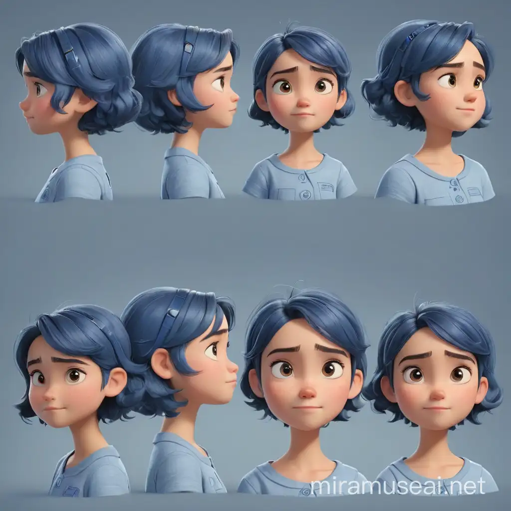 blueprint from all sides for a 7years girls childisch and round head, pixar style

