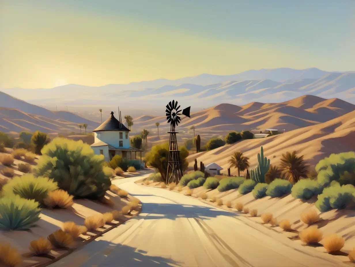 southern California landscape in style of manet with hills in distance, winding sandy road, a desert windmill on homestead property late afternoon lighting