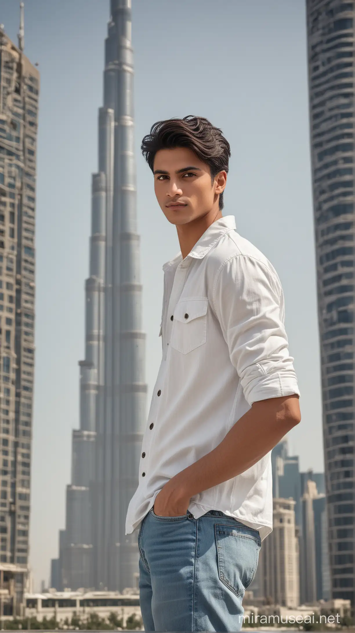 Handsome man,18 years old, clean face, underslip black hair, white t-shirt, jeans jacket, black jeans, Standing in front of the Burj Khalifa Dubai, 800mm lens, realistic, hyperrealistic, photography, professional photography, immersive photography, ultra HD, very high quality, best quality, medium quality, HDR photo, focus photo, deep focus, very detailed, original photo , original photo, very sharp, nature photo, masterpiece, award winning, taken with hasselblad x2d