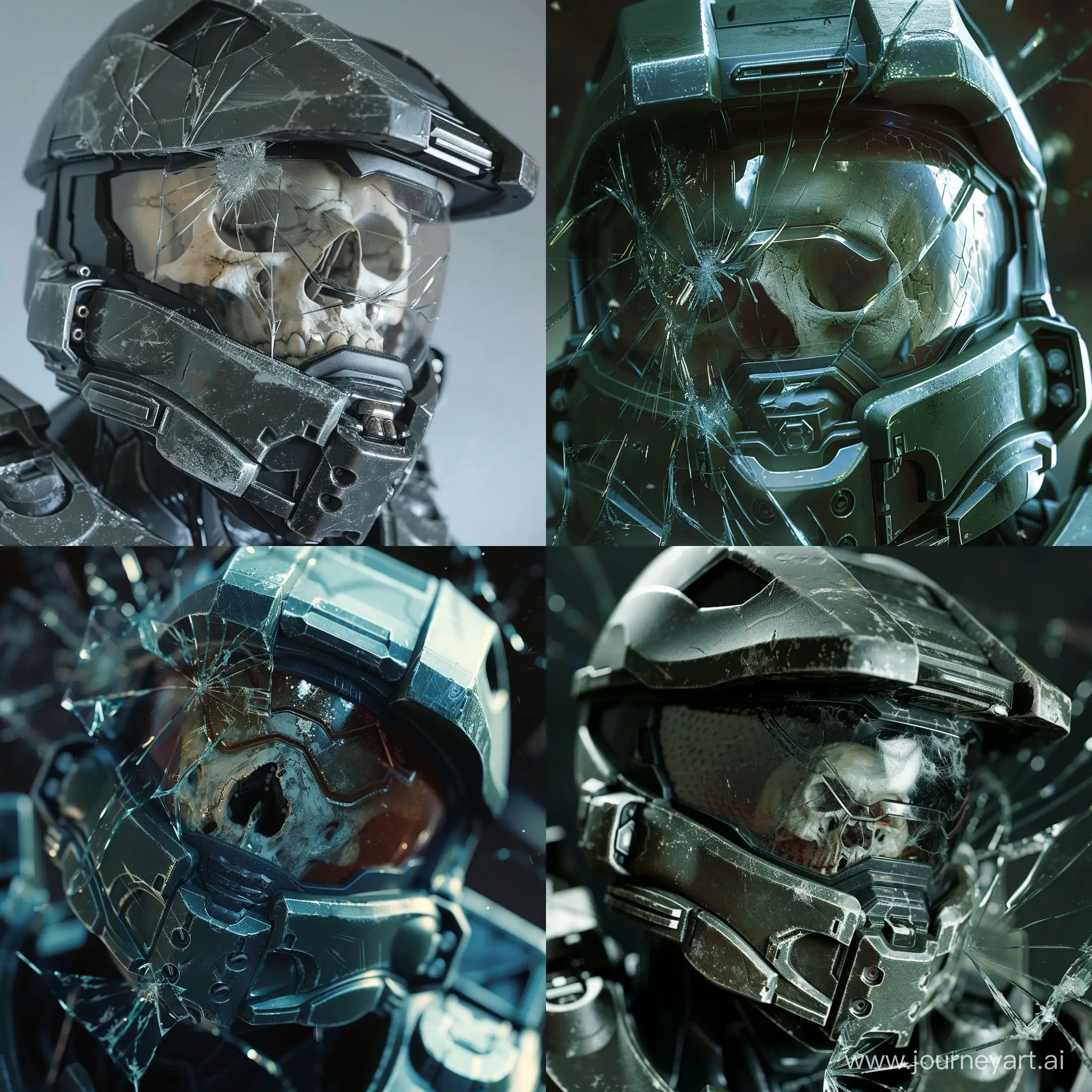 A close-up of the broken helmet of the Spartan from the Halo game with a broken glass, from under which the skull of the deceased is visible. The skull is also cracked
