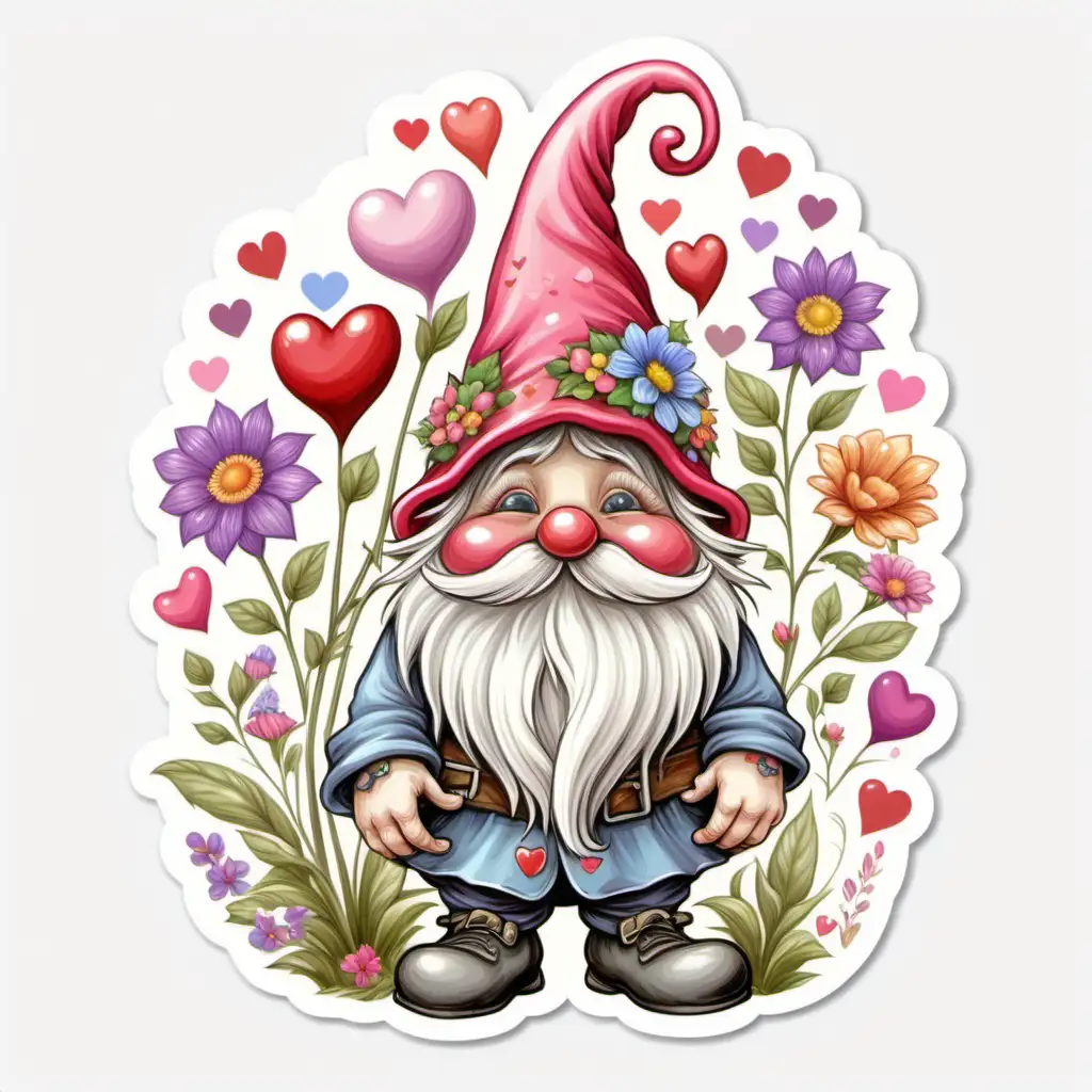 fairytale,whimsical,cartoon,valentine GNOME,WITH OVERGROWN decorated COLORFUL HAT, COVERING THE EYES,
pastel, hearts,flowers, white background, sticker,