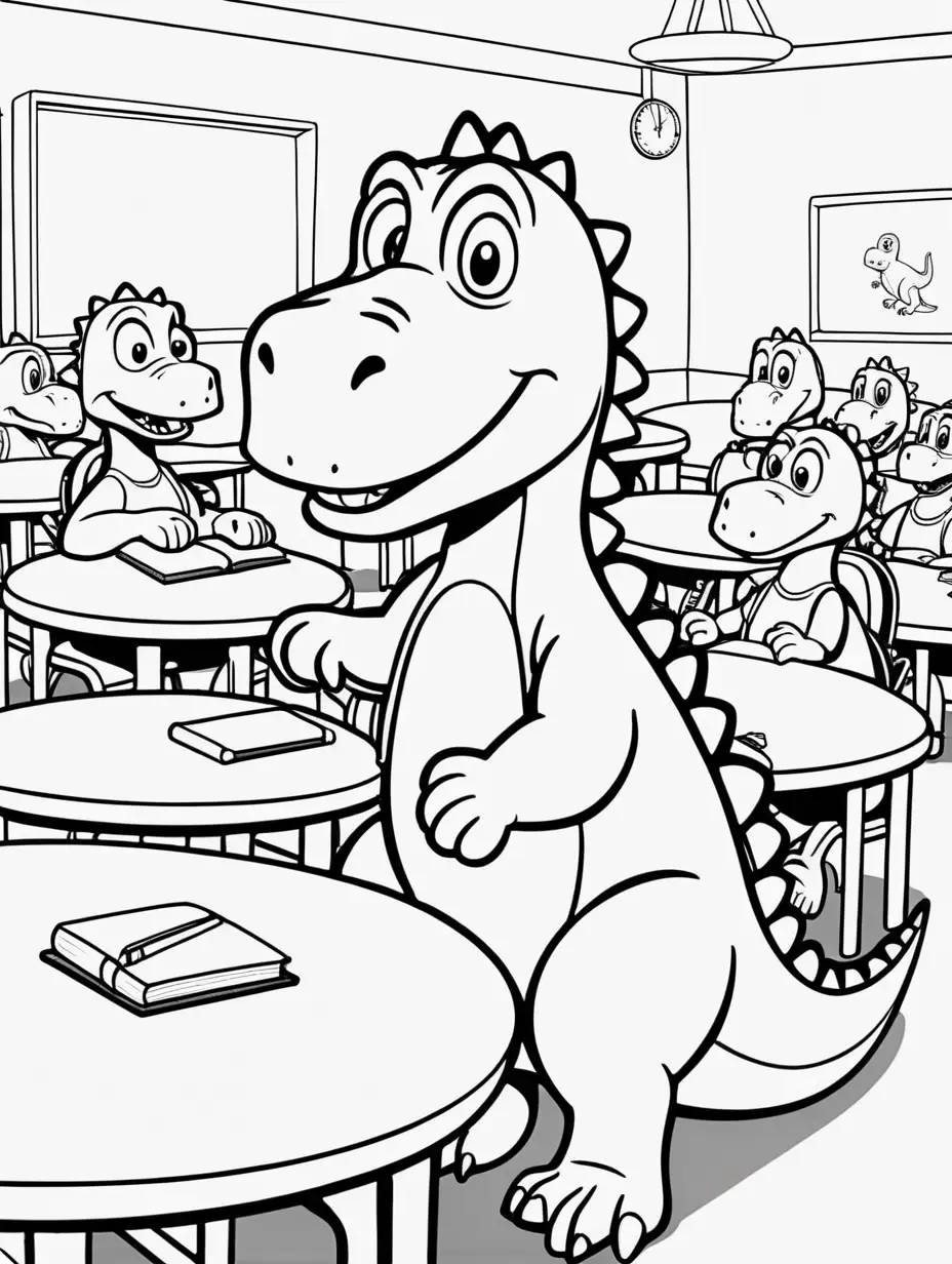 A cute cartoon dinosaur, carrying school books, sitting at a small round table in a school classroom, several other similar dinos,  kids coloring page, no shading, no color