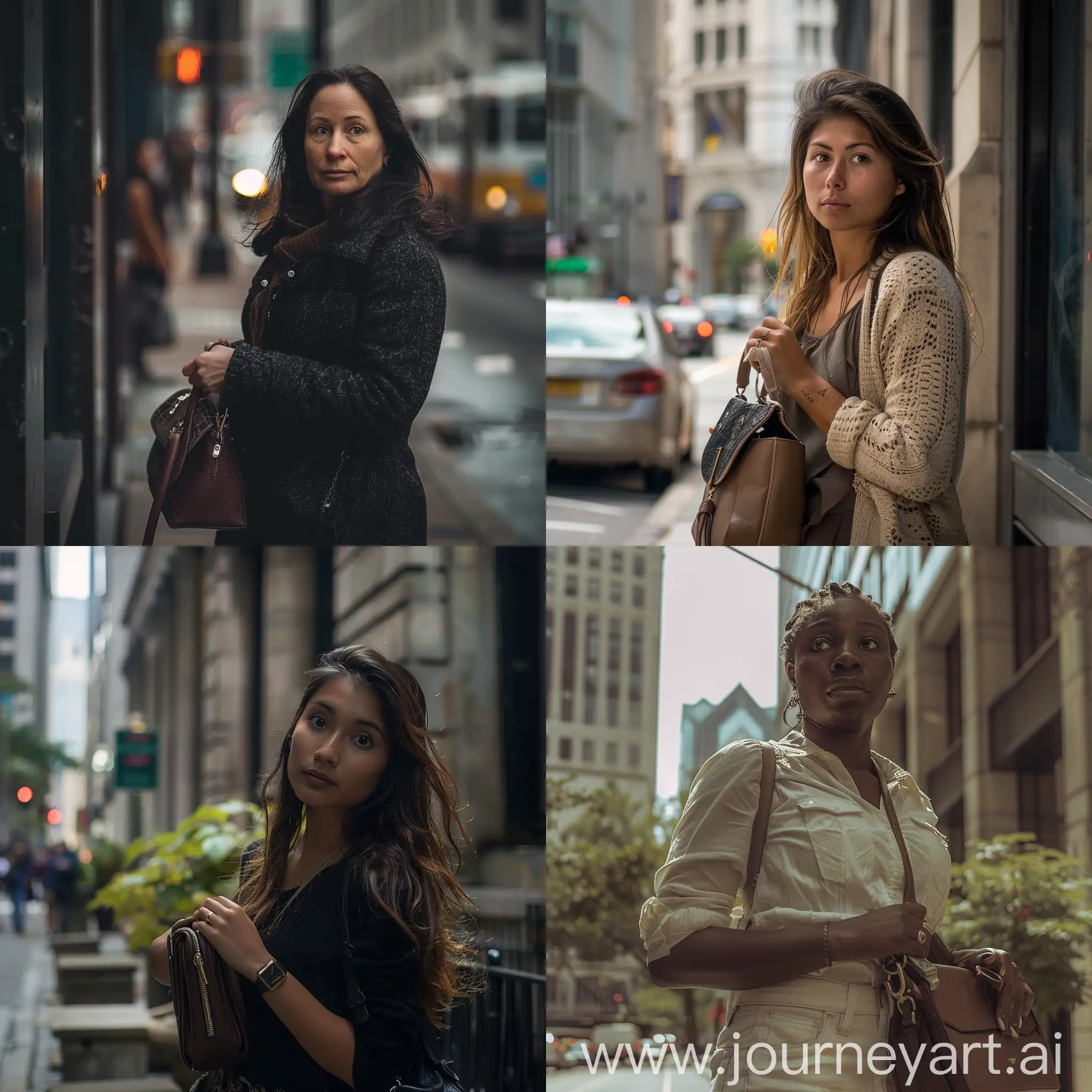 photography photo of a American woman holding a purse, standing in the city of Philadelphia, looking at the viewer, daytime, natural lighting, environment, raw style,