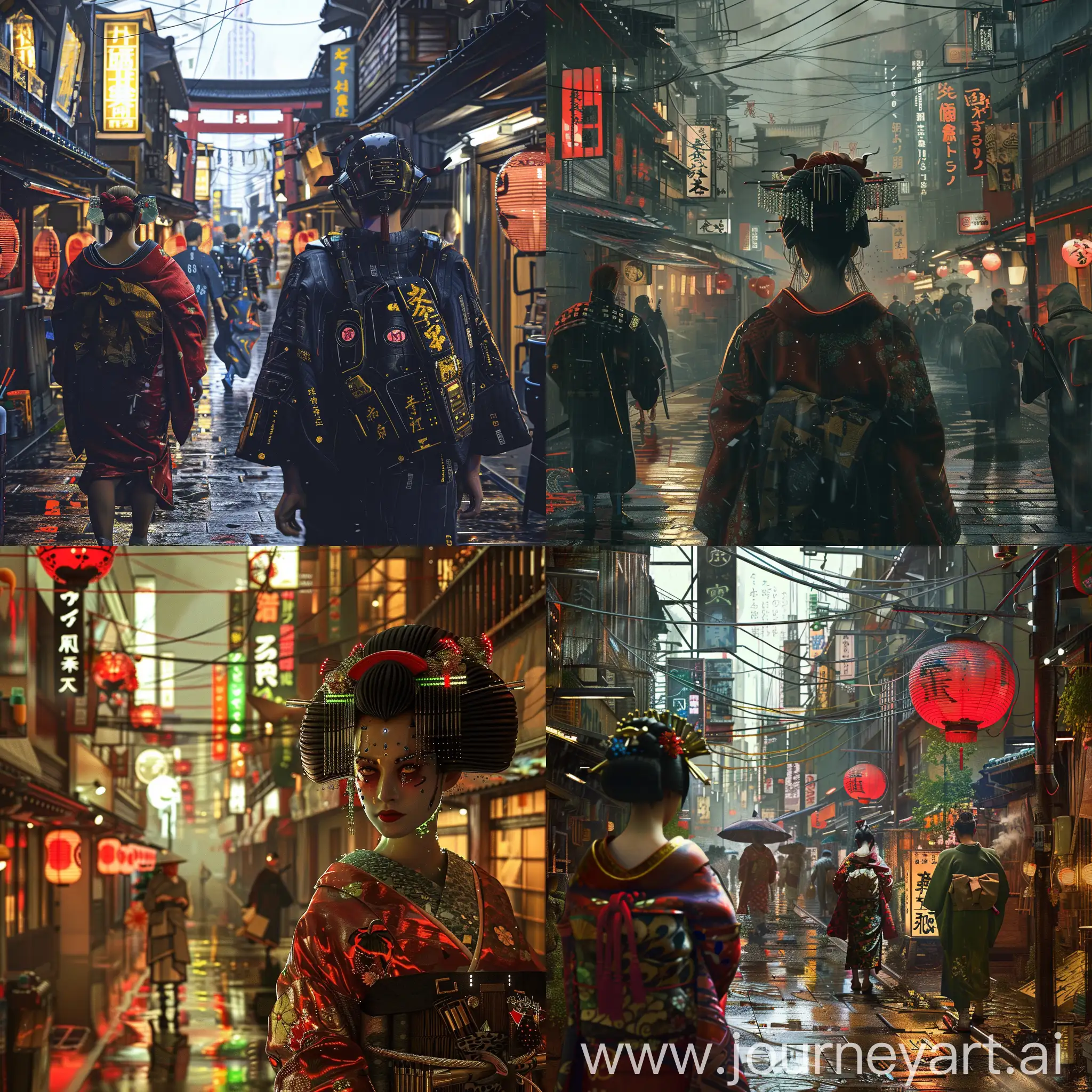 Cyberpunk Japan Edo Old City Street, Geisha, Samurai
