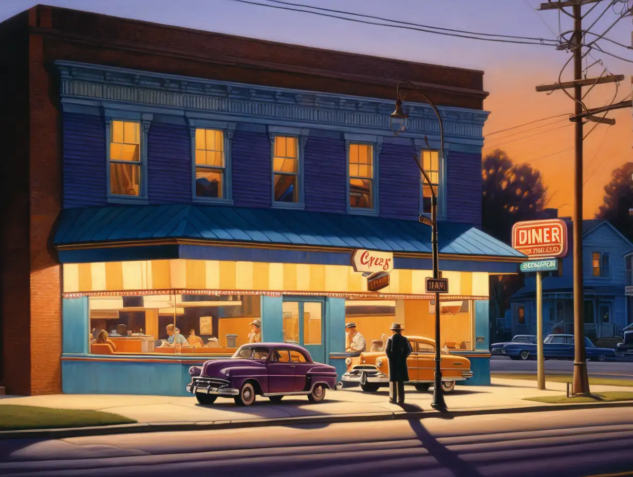 Imagine a scene at dusk in a small American town during the early 20th century. The setting is a quiet, nearly empty street with a vintage diner at one corner, its large windows casting a warm, inviting glow onto the sidewalk. The diner's interior reveals a lone figure seated at the counter, lost in thought. Outside, a vintage car parked under a streetlamp, which casts long, angular shadows across the scene. The colors are muted yet distinct, with rich blues and purples in the twilight sky contrasting with the warm yellows and oranges of the diner's lights. The overall mood is one of solitude and introspection, captured through Hopper's iconic use of sharp geometric shapes and the interplay between light and shadow.