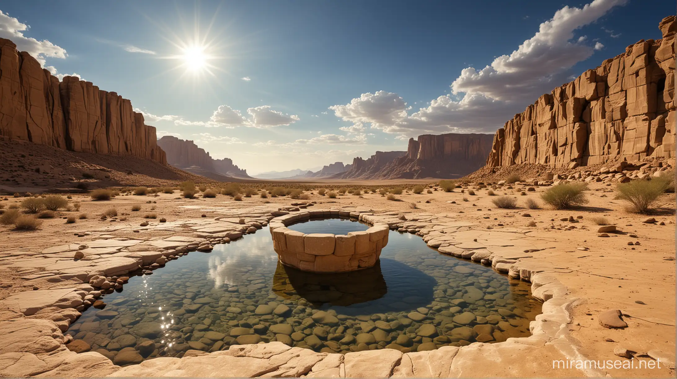 A stone built water set in a desert with a lovely sky, during the era of moses, 