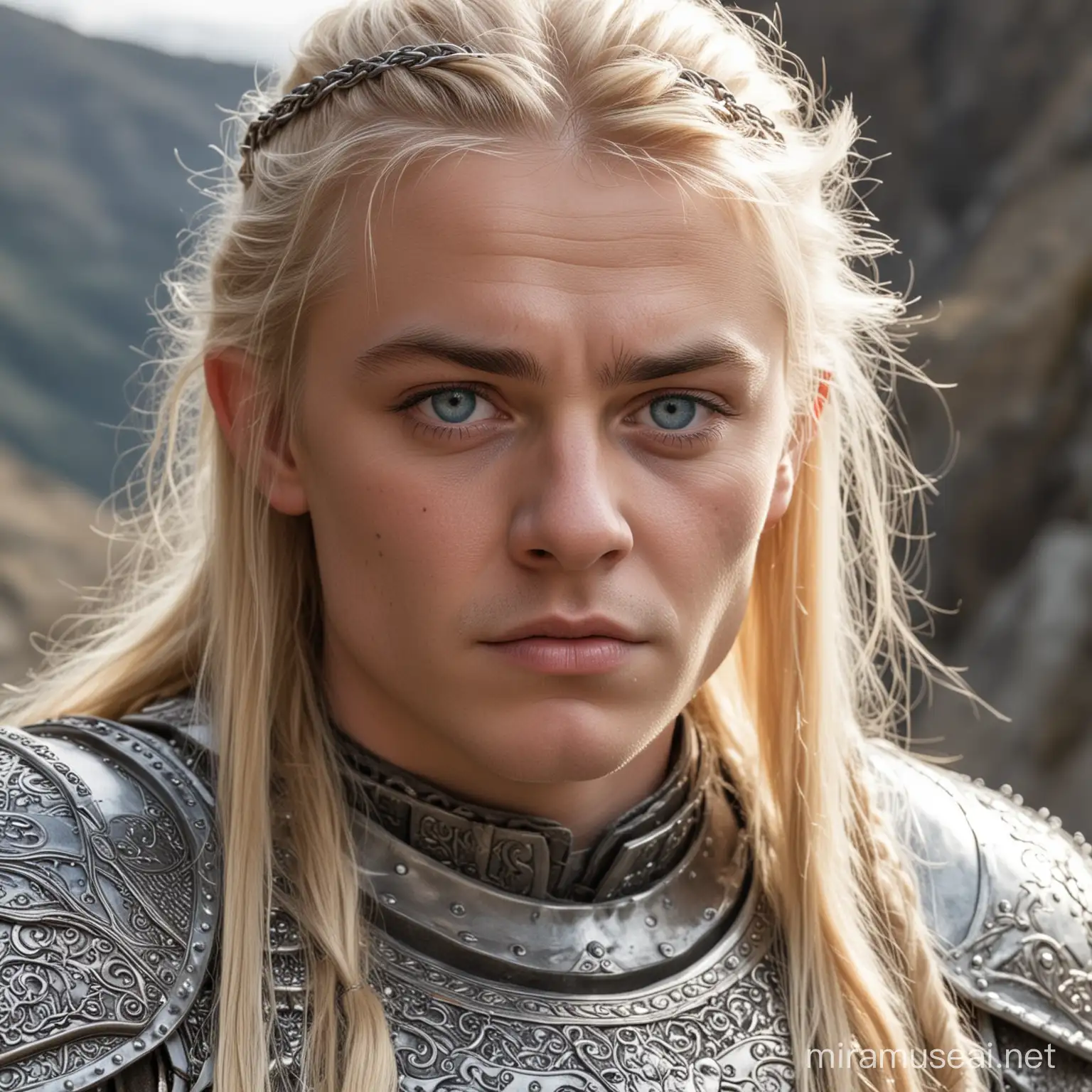 one Young twenty male dwarf in chain armour stands. female blue eyes Long eyelashes, thin eyebrows, male long blond hair. light-coloured skin. In the background, a mounten