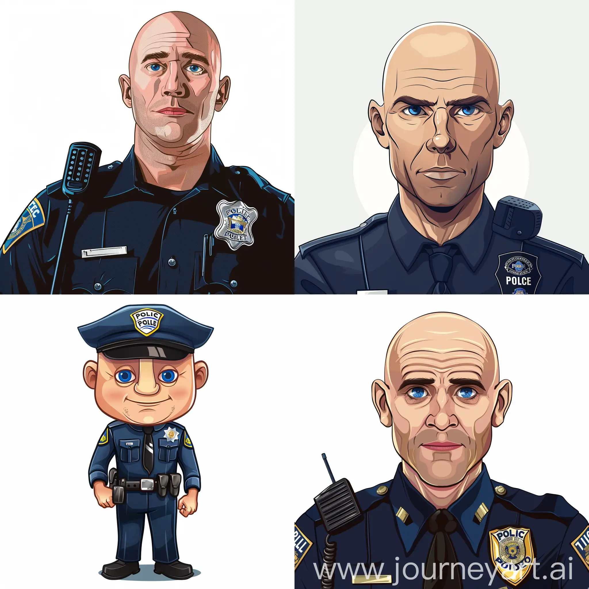 A Baldy policeman with Police Walkie in 2d illustration, blue eyes, background white simple 