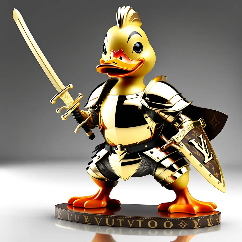 Louis Vuitton duck with gold knight armor swinging katana sword