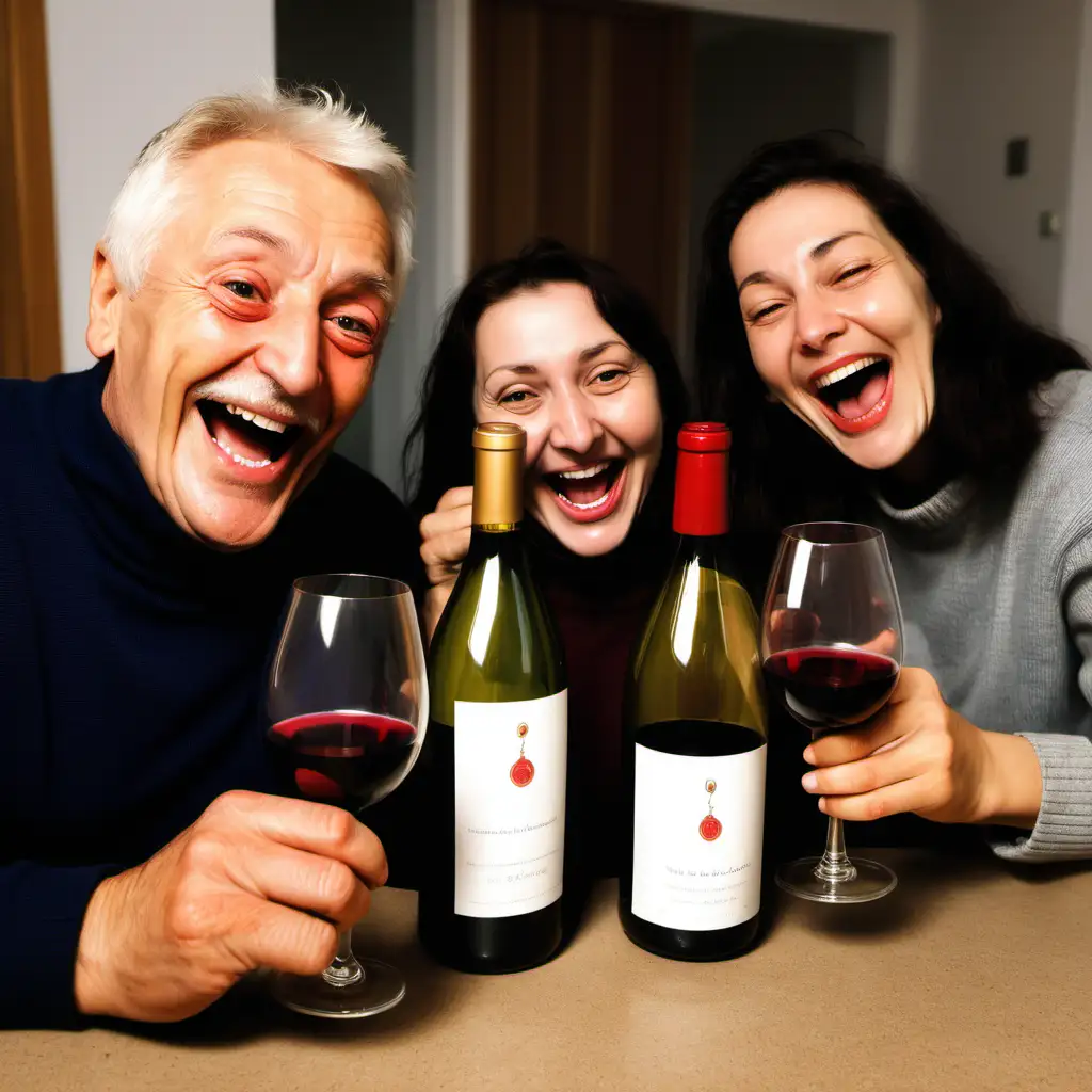 a photo with two old friends who drink a bottle of wine in a house, they are so happy
