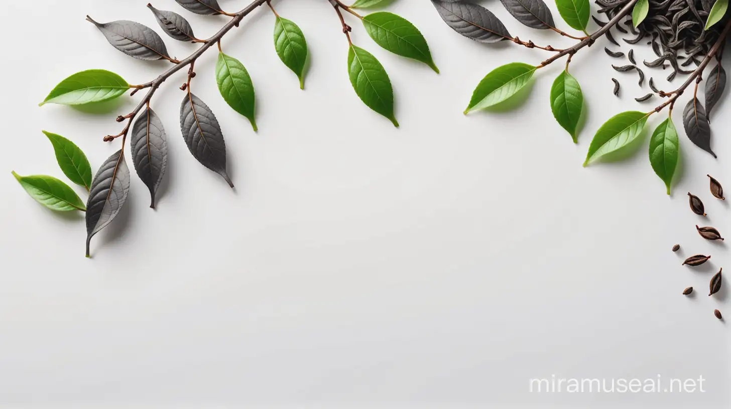 several grey branches with tea leaves, 2D image, white backdrop