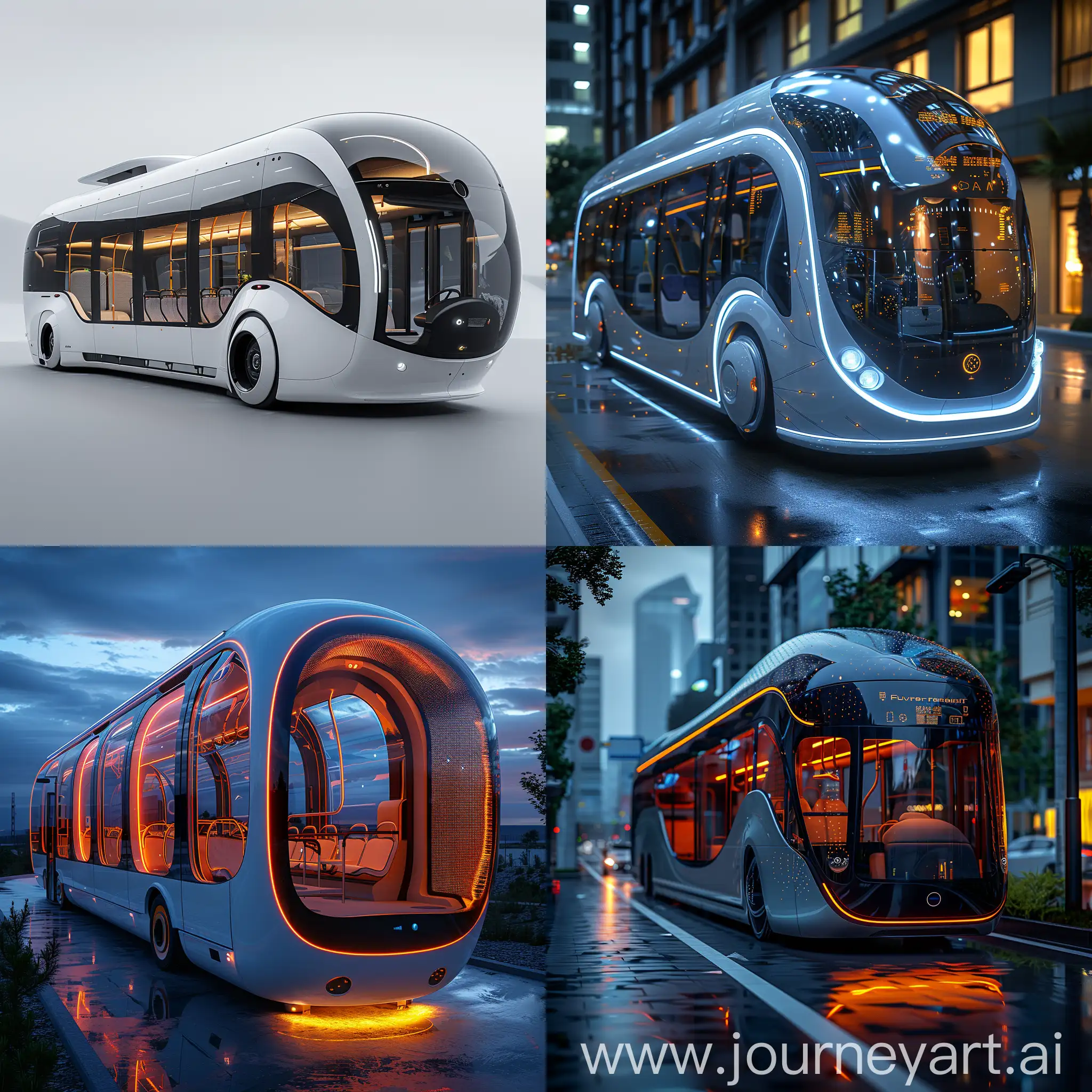 Futuristic bus, Autonomous Driving, Augmented Reality Windows, Biometric Sensors, Advanced Materials, Holographic Assistance, Smart Lighting System, Wireless Charging Stations, Vertical Boarding, 360-degree Cameras, Modular Interior Design, Electric Powertrain, Solar Panels, Regenerative Braking, Green Roof, Recyclable Materials, Air Purification System, Rainwater Harvesting, Energy-Efficient HVAC System, Dynamic Route Optimization, Vehicle-to-Grid Technology, Self-Healing Materials, Nanoparticle-based Solar Panels, Nanofiltration System, Nano-Enhanced Batteries, Nanocomposite Body Panels, Nanosensors for Air Quality Monitoring, Nanocoating for Anti-Scratch Windows, Nanoparticle-based Antimicrobial Surfaces, Nanotech Thermal Insulation, Nanoscale LEDs,  octane render --stylize 1000