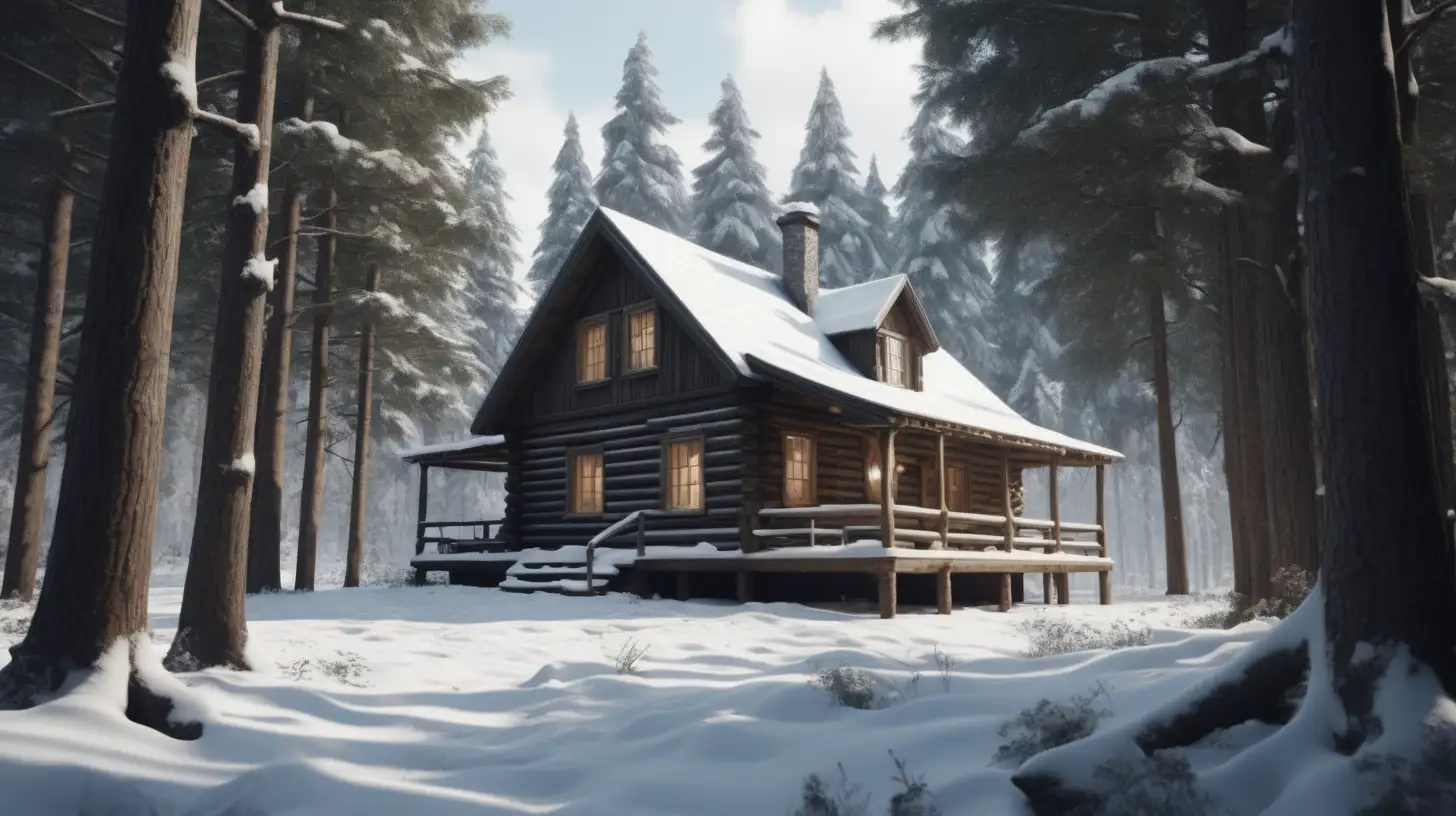 cabin in the snow wooded are in the style on cinematic realism