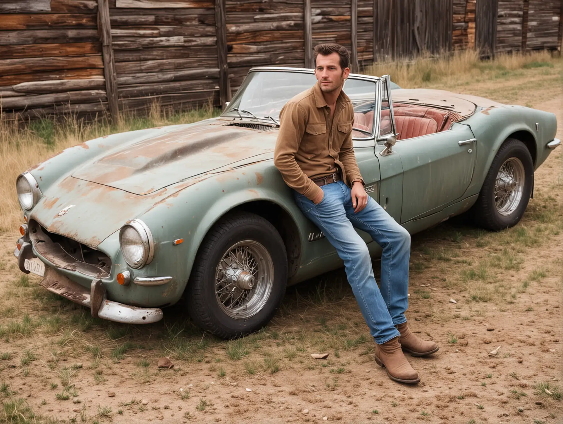 man in cowboy boots slightly leaning against an old beat up 1965 sports car 

