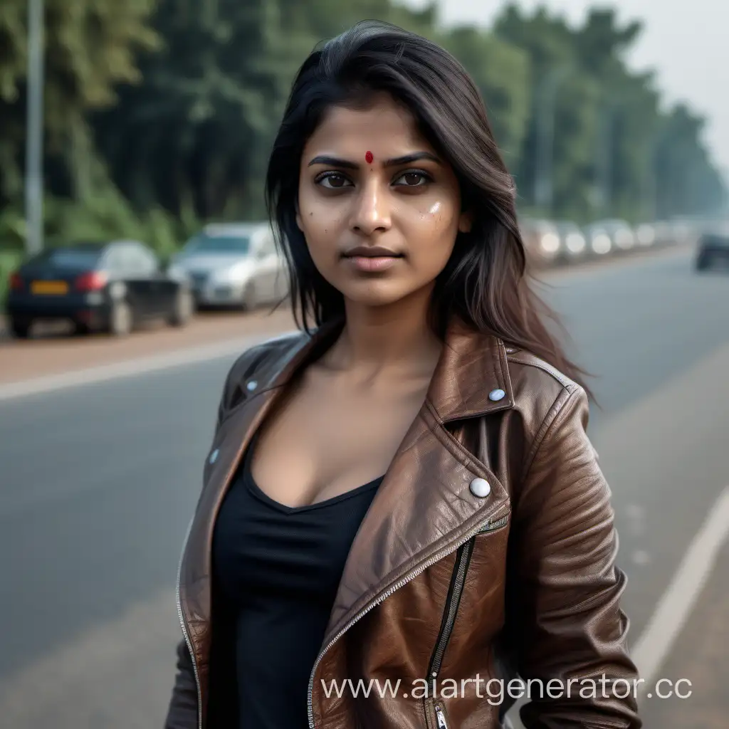 8k uhd RAW portrait of an Indian girl, 30 year old, standing on a road, wearing jeans, brown jacket open, black bra, over the shoulder hair, looking at the camera, cars in background, detailed(skin pores, blemishes, skin texture, folds, skin imperfections:1.1), full shot, canon eos 5d mark iv, natural lighting, depth of field, dslr, sharp focus, ultra high quality
