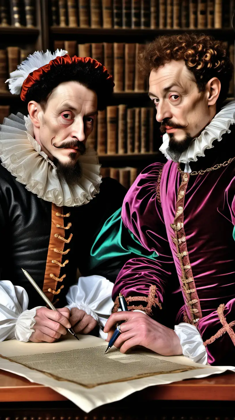 A color profile photo of two pompous, eccentric Elizabethan poets, one holding a pen, one holding a piece of parchment paper. Set in a library in 1595. 