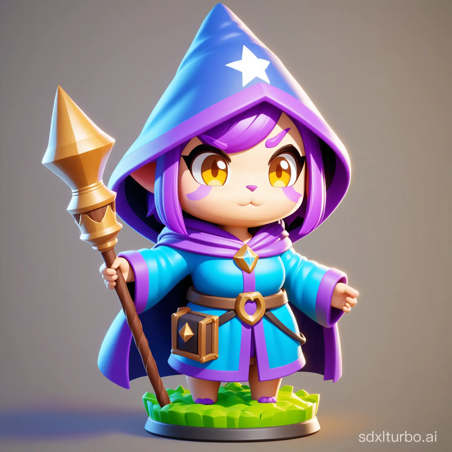 clash royale style，A female cat wears a mage robe and holds a staff， game character art, clean background, natural light, best quality 8k, super detail, 3D, BLENDER, OC DYE, game character art, supercell game art, cartoon rendering style, Q-Version character,