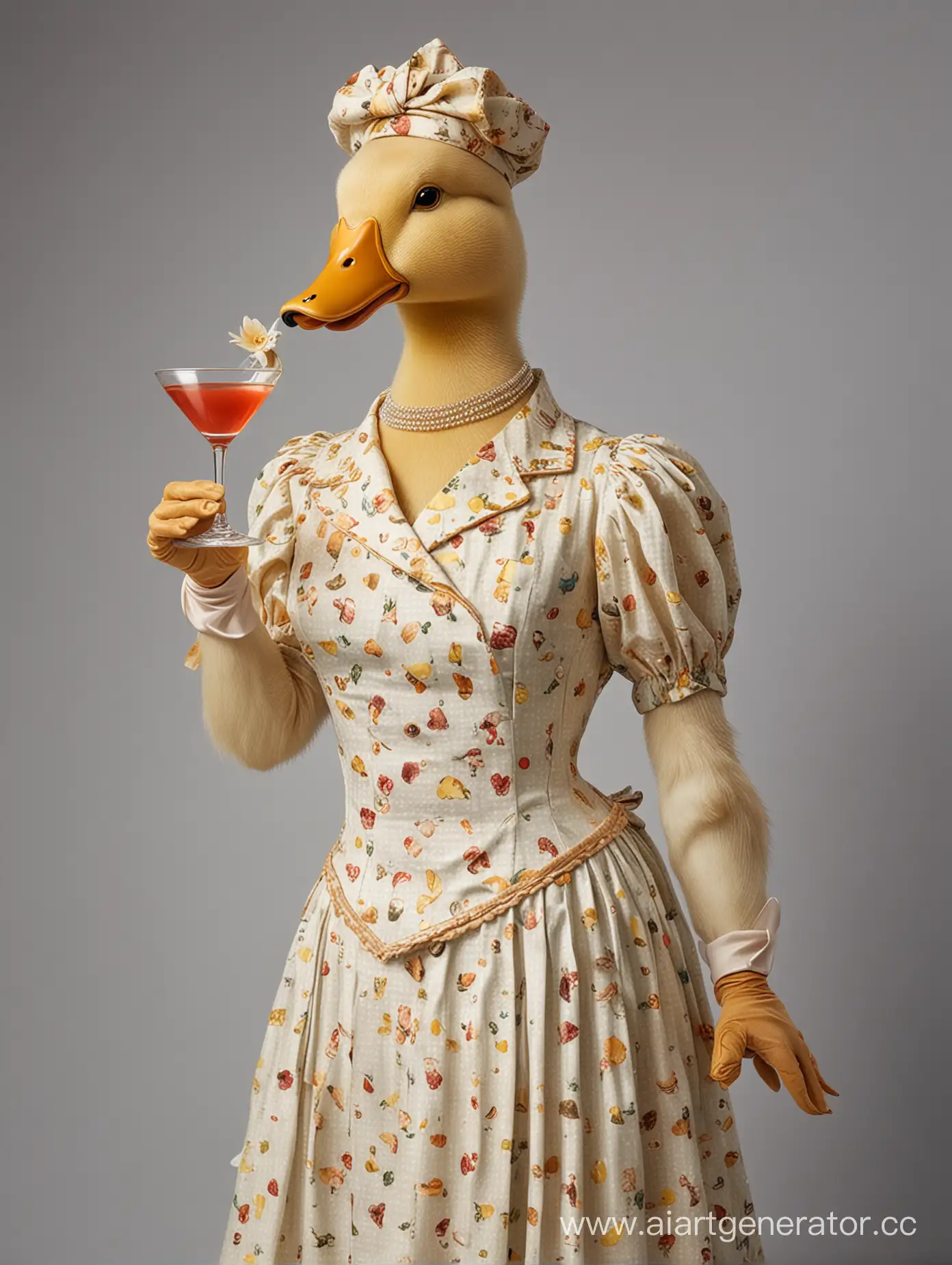 утка в платье,  утка в человеческой одежде протягивает бокал с коктейлем