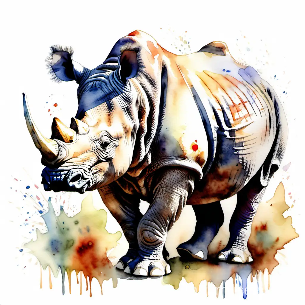 Greater one horned rhinoceros watercolour painting artwork beautiful magical enchantment welcoming friendly white background 
