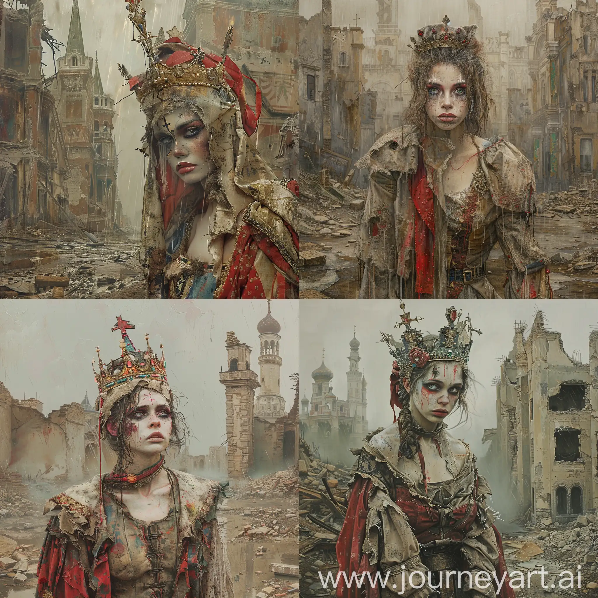 painting of woman in ruined city , in a medieval costume dirty and Torn, smuggled mascara and makeup , with a russian crown, skated or sad,  grandiose ruins, dark beige and red, victorian-era , colorful costumes, rain, fog, shallow depth of field, 