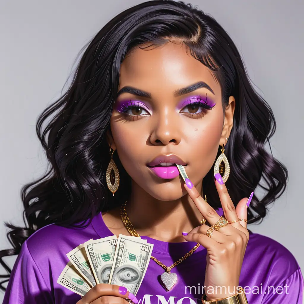 /imagine black female 30 years old with black hair, purple shirt that says "Prima Donna" with iced out jewelry while holding money.  blowing a kiss