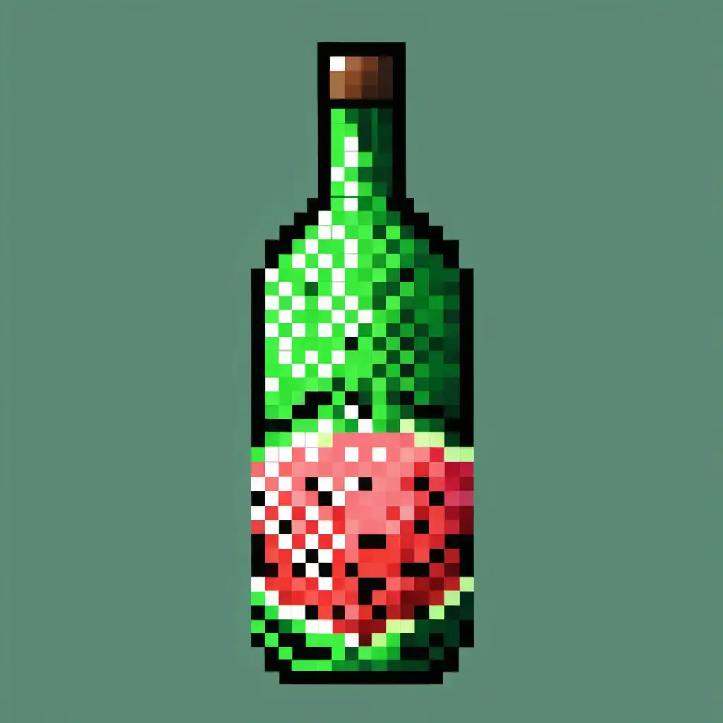 Generate pixel art of a bottle of Watermelon and basil shrub