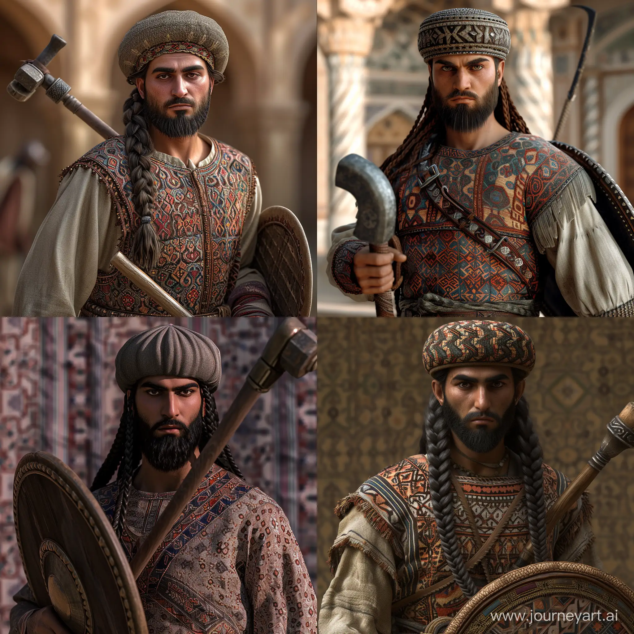 Seljuk warrior at Esfahan. In the year 1060. Wearing fabric garments with patterns. Long braided hair. Small rounded cap. Asian slant eyes. Average bearded. Equipping mace and small rounded shield. Cinematic shot. Realistic, 8K, HD
