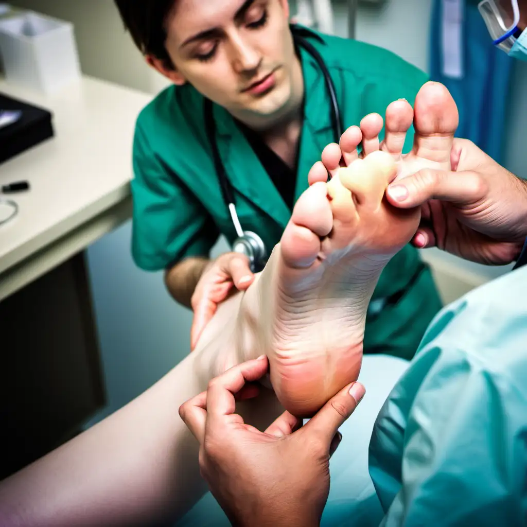 a young GP doctor examines a female patient's foot in his surgery