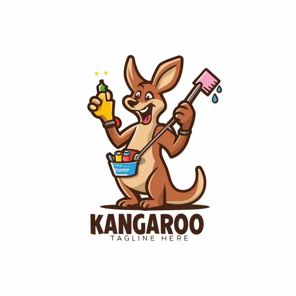 LOGO-Design-For-Kangaroo-Cleaning-Kangaroo-with-Packet-of-Cleaning-Tools-on-a-Clear-Background