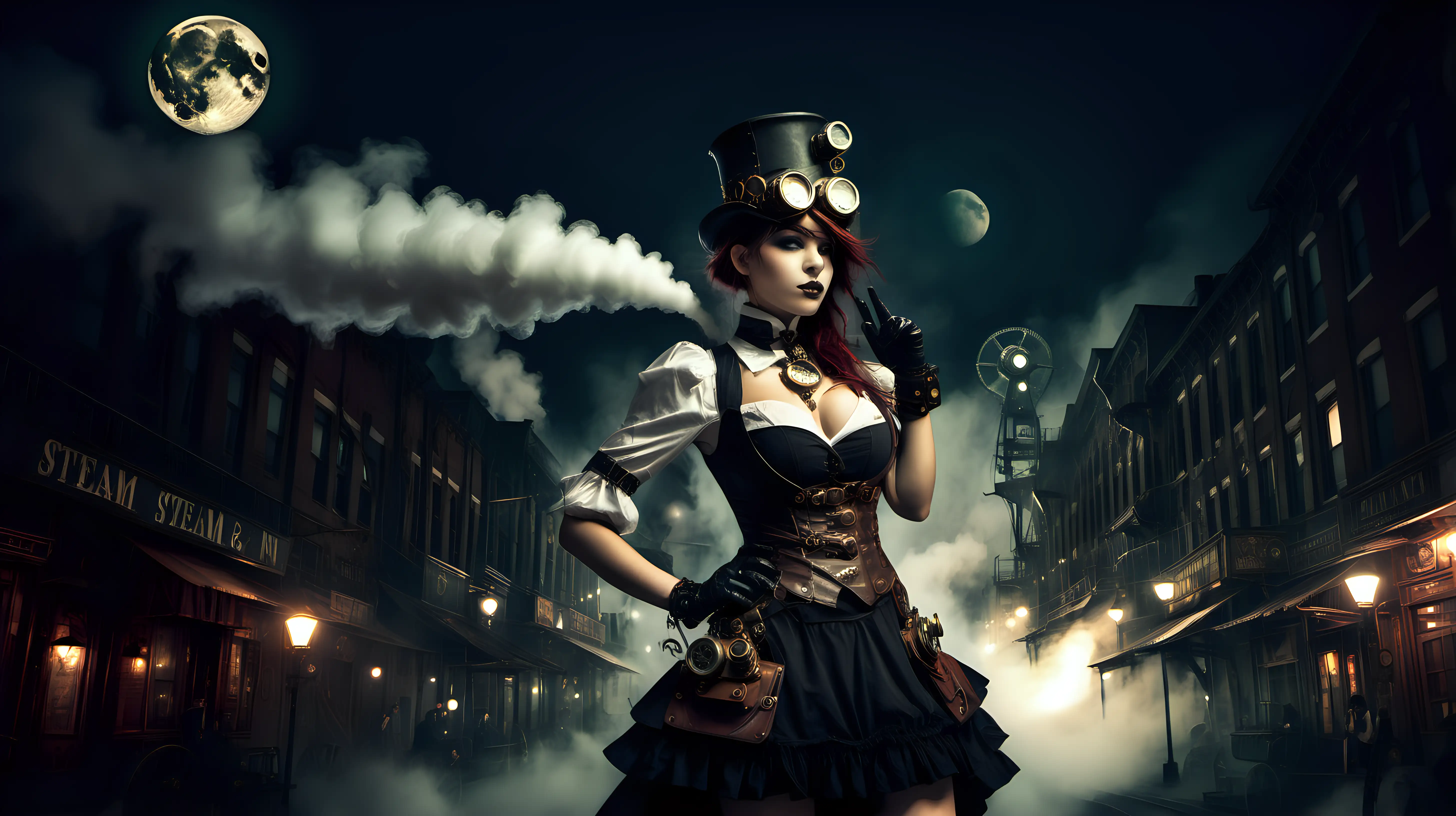 steampunk girl, night, steam, streets, moon