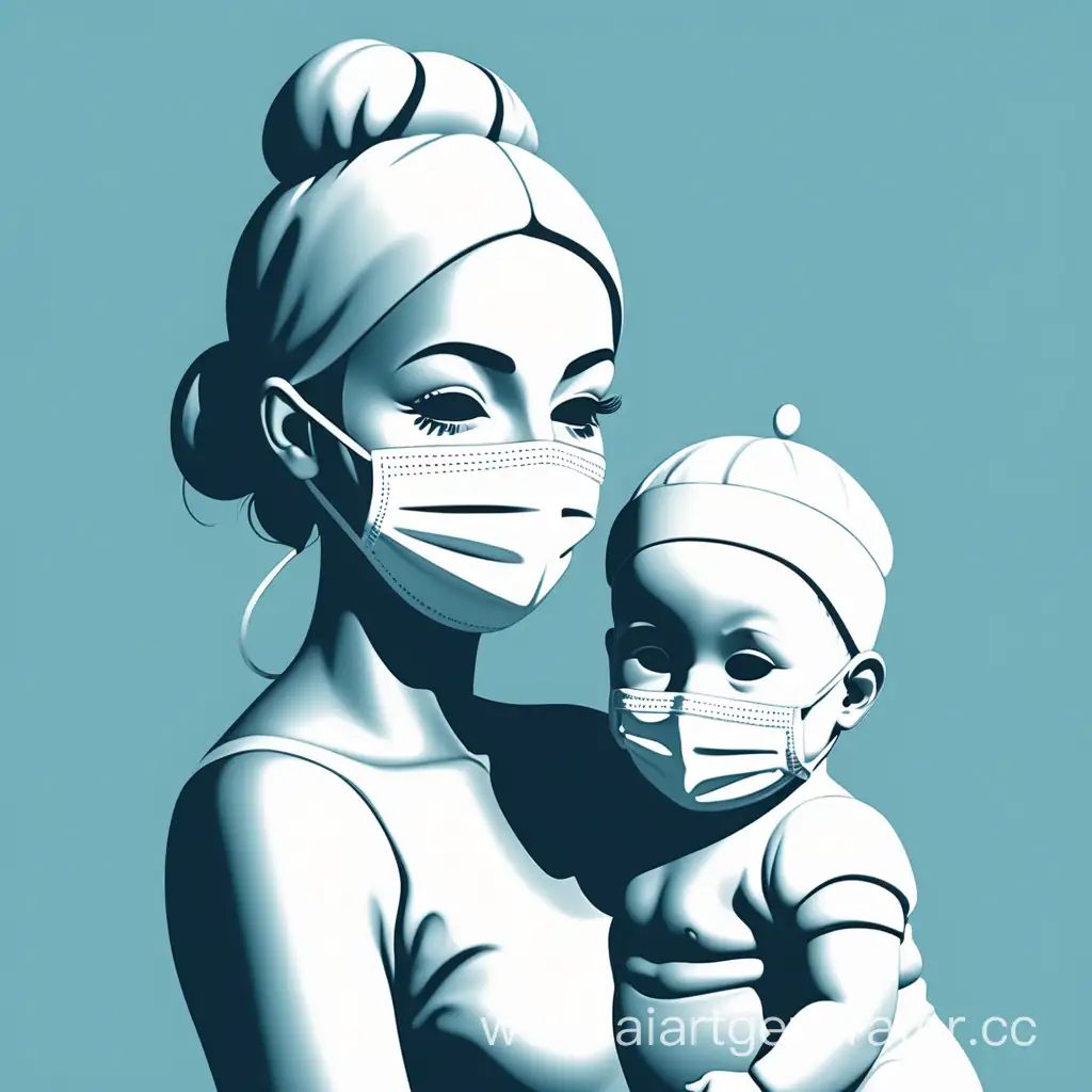 simple vector of a 3D baby and mother wearing mask.