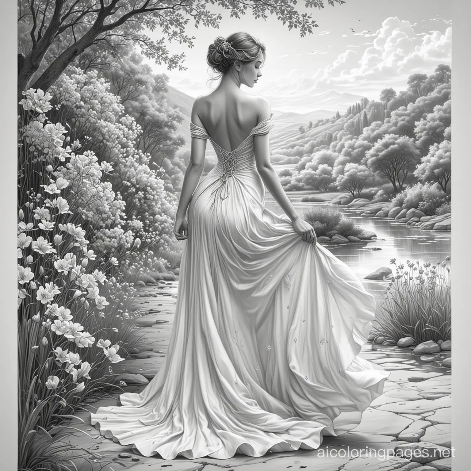  A stunning, cinematic hard pencil drawing by the talented artist Mikaslpz . The illustration captures the Whole full  bodly of a beautiful,  sophisticated full body woman, showcasing her elegant posture and the perfect curve of her back. She is adorned with a flowing dress with delicate flowers, and the background is filled with a serene, natural landscape. The overall atmosphere of the illustration is one of beauty,grace, and harmony with nature., illustration, cinematic , Coloring Page, black and white, line art, white background, Simplicity, Ample White Space. The background of the coloring page is plain white to make it easy for young children to color within the lines. The outlines of all the subjects are easy to distinguish, making it simple for kids to color without too much difficulty