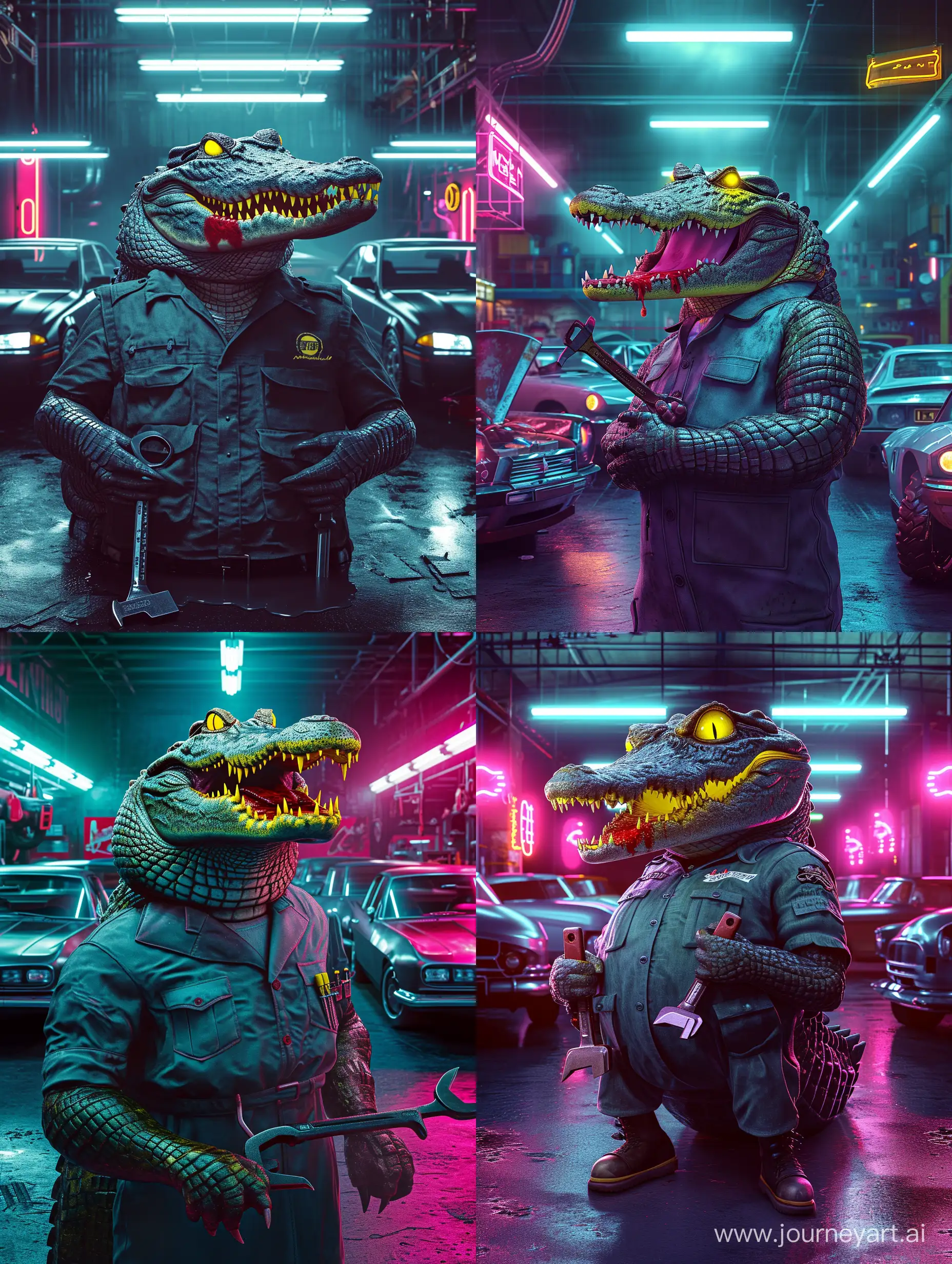 Ultra realistic,a crocodile with an evil smile, yellow evil eyes, a stain of blood on the crocodile's mouth, wearing a workshop uniform, standing while holding a wrench,the background is inside of a workshop,six cars in the workshop, neon lighting, sony alpha 1