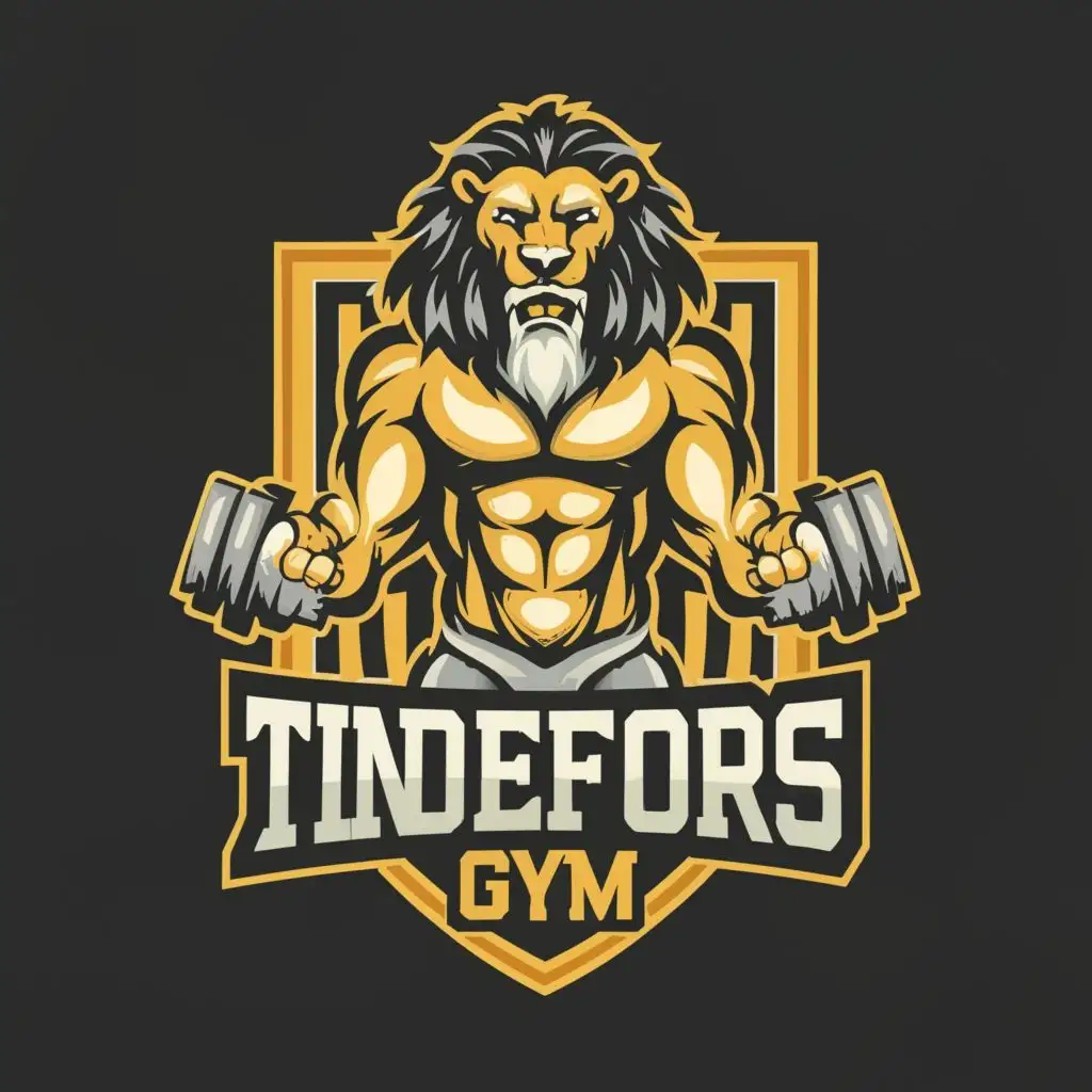 logo, muscular Lion with massive dumbells, with the text "Tindefors Gym", typography, be used in Sports Fitness industry