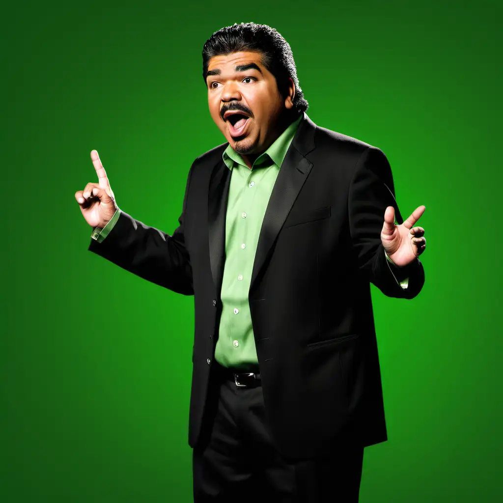 Hespanic man who resembles an 18 year old George Lopez, full body, talking into a mic with an expression a stand up comedian would have on stage when laughing at his own joke, with a solid green screen background.