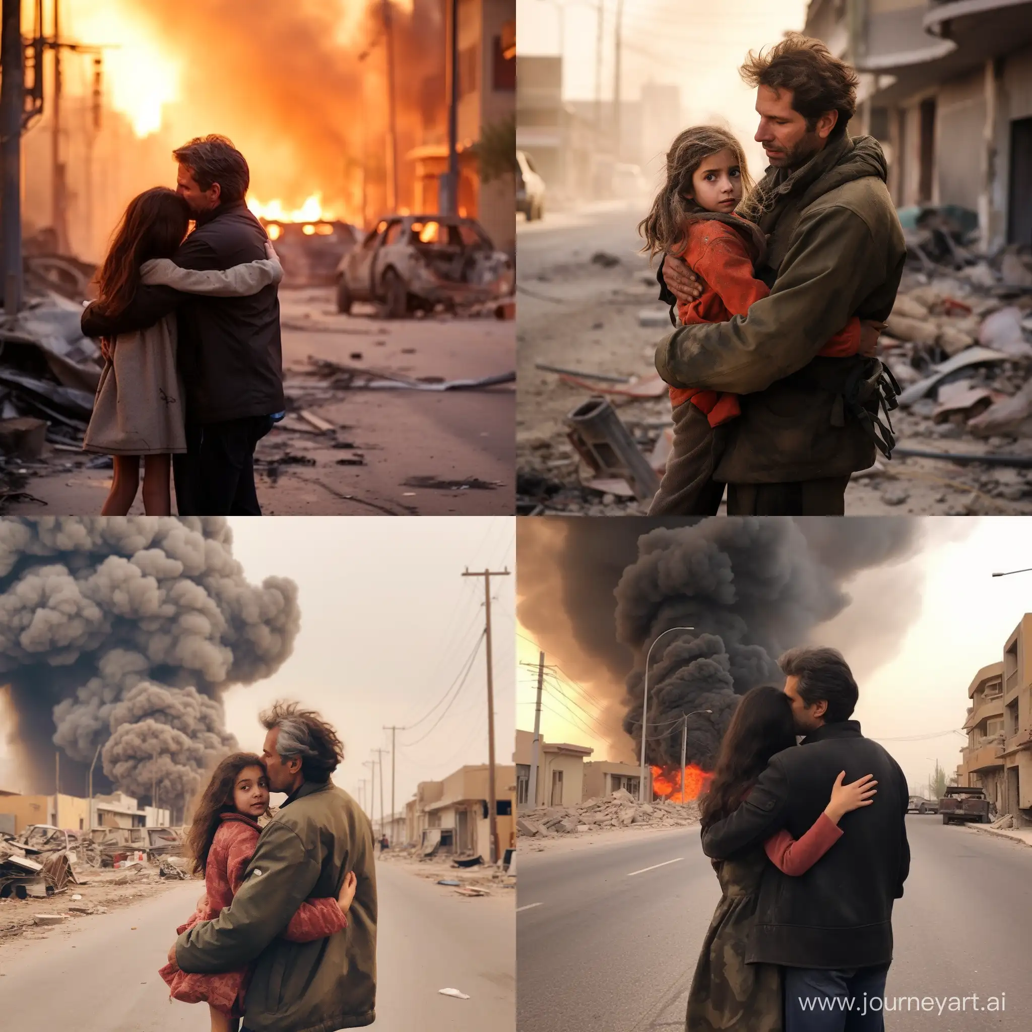 A man hugging his daughter in the street of Kerman, Iran, from an explosion in the street