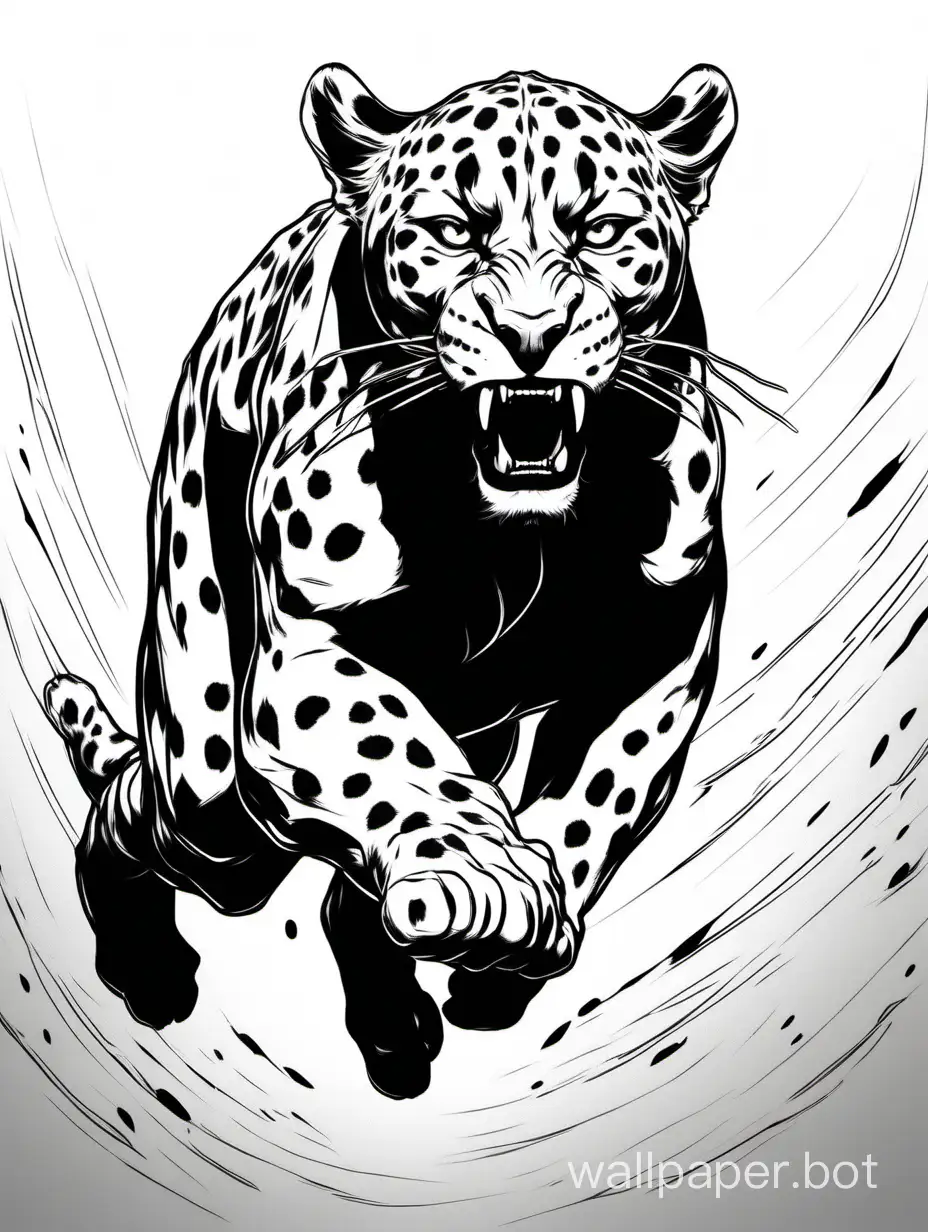 Panthera onca, lineart, furious attack, head front attack, jumping