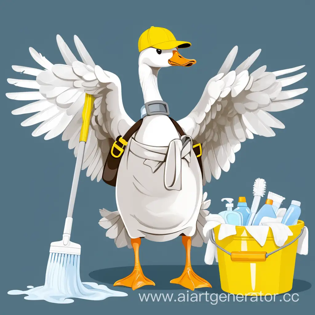 cleaning goose white with a yellow cap, in a bucket there are detergents and rags in his wings, he has a mop and rags on his belt