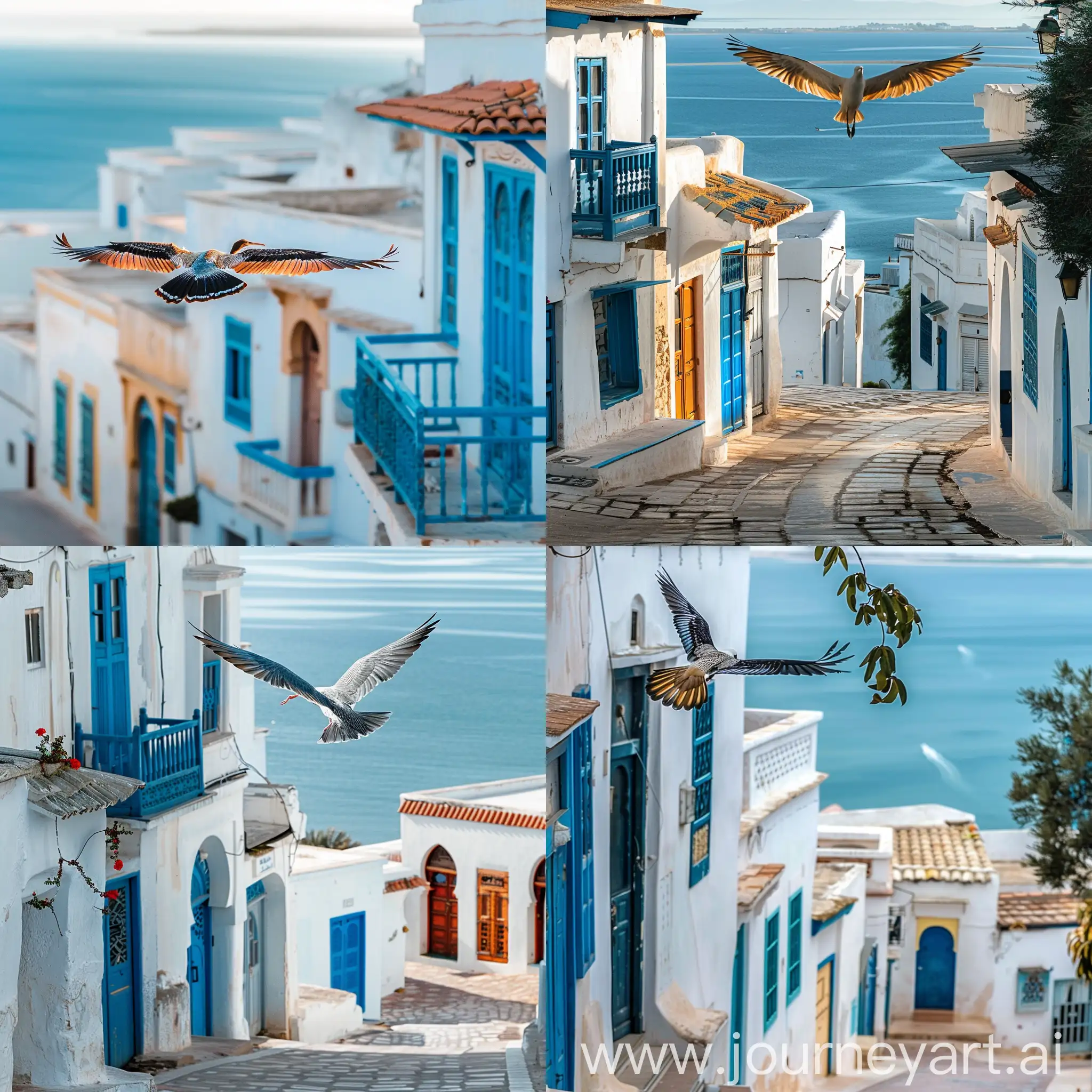 Generate an image: In the enchanting village of Sidi Bou Said, Tunisia, a solitary bird takes flight against a backdrop of whitewashed buildings and cobalt blue accents. With wings outstretched, it soars gracefully over the winding streets and terracotta rooftops, its feathers catching the golden rays of the sun. The vibrant hues of its plumage mirror the colorful doors and windows that adorn the village, adding a touch of natural beauty to the picturesque landscape. Against the backdrop of the azure Mediterranean Sea, the bird navigates effortlessly, symbolizing freedom, resilience, and the timeless spirit of Sidi Bou Said.
