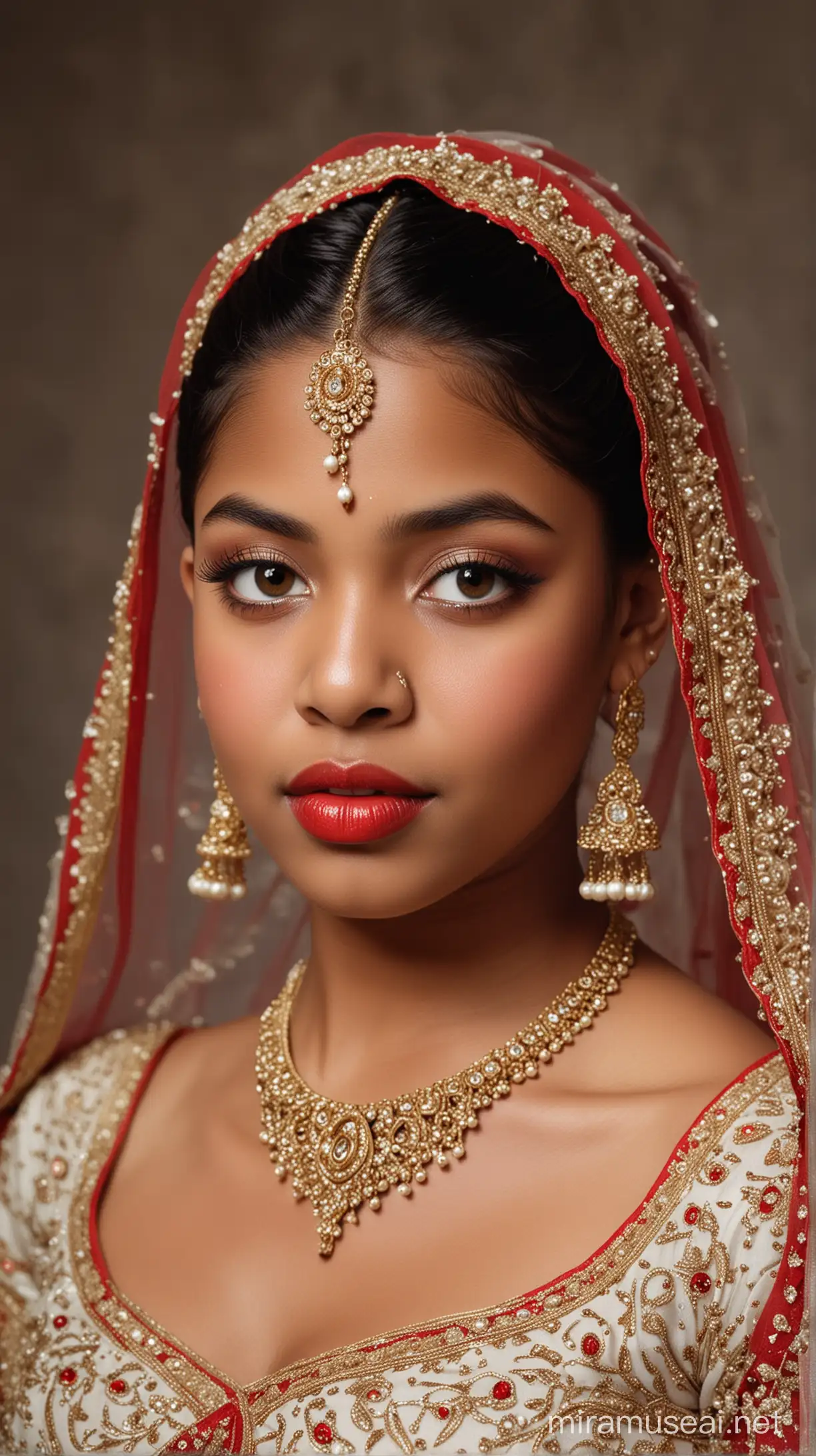 A 12 year old fat black girl with small eyes, wide red lips, weak chin, small nose and long straight black hair with a bun at back wearing an Indian bridal gown with a veil on head
