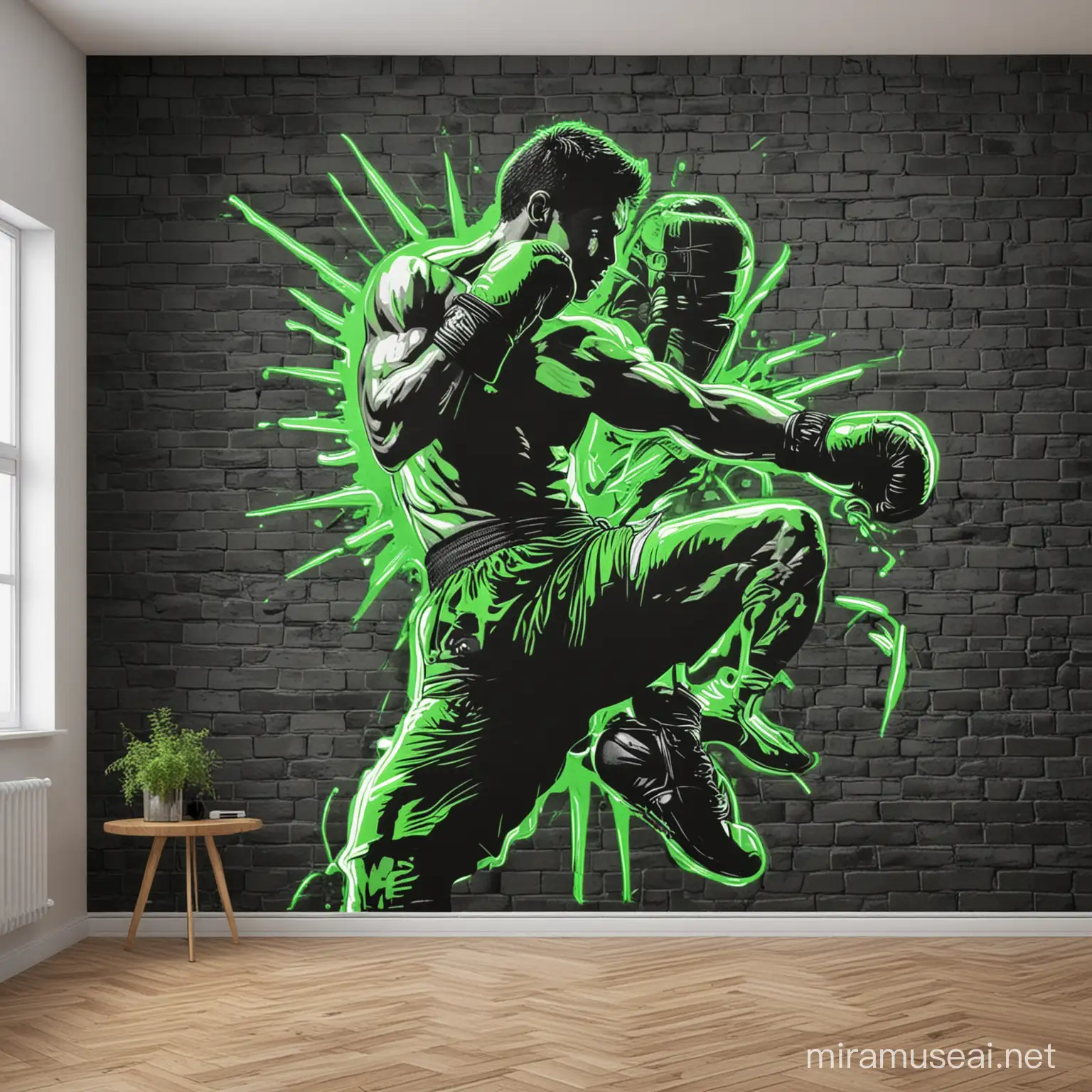 Neon Green Kickboxing Action Mural