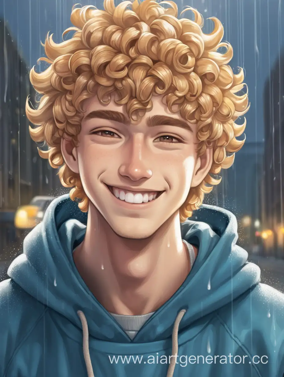 Smiling-Man-with-WheatColored-Curly-Hair-Enjoying-Rain-in-Blue-Hoodie